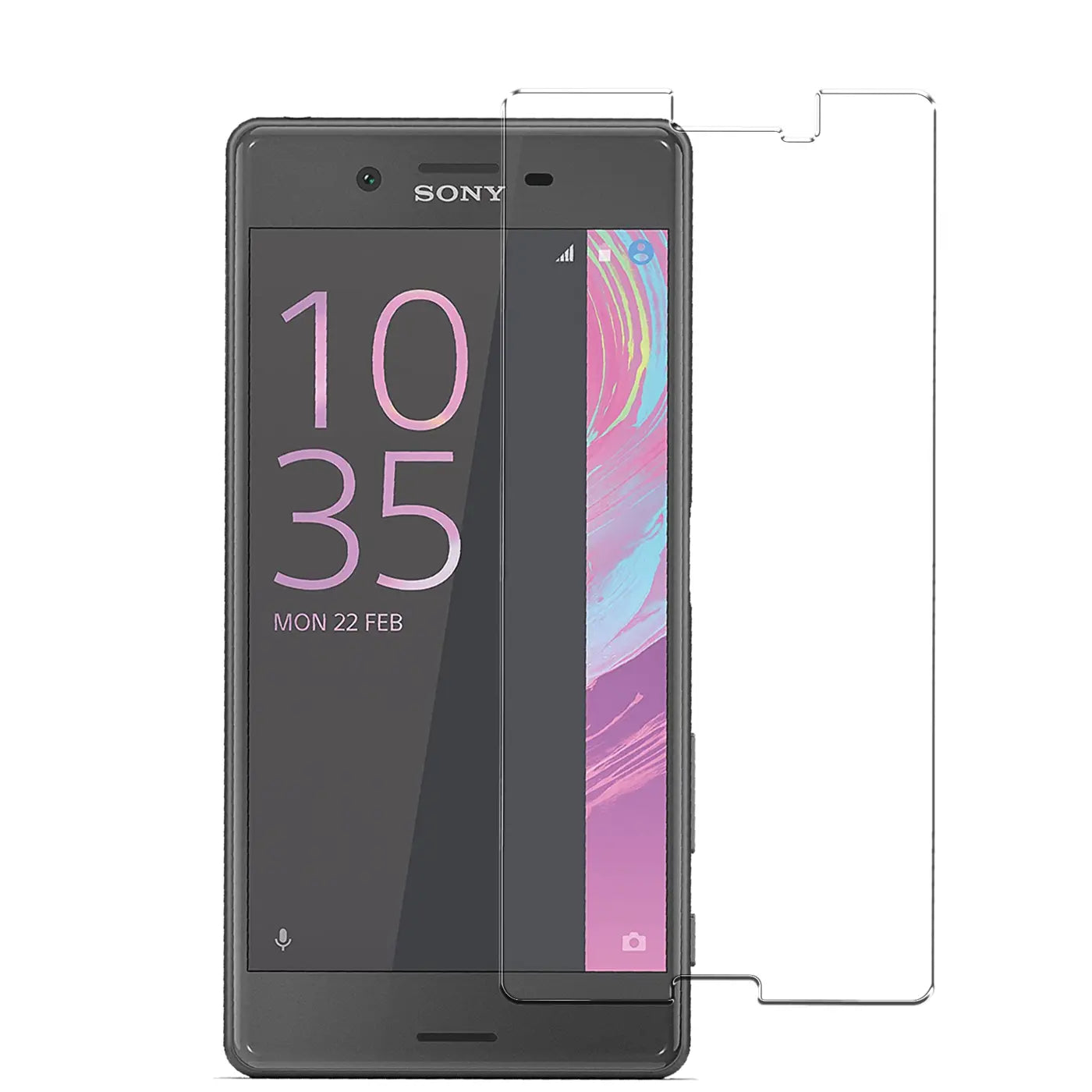 Sony Xperia X in Schwarz, frontal mit transparentem Panzerglas-Displayschutz aus Glas, teilweise überlappend.