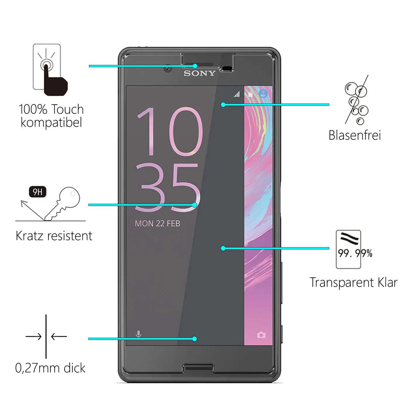 Sony Xperia X in Schwarz, frontal, mit Panzerglas-Displayschutz und Infografiken zu Eigenschaften wie 9H Härte.