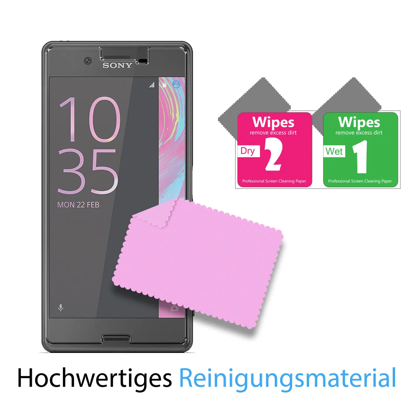 Sony Xperia X Smartphone von vorne, daneben rosa Mikrofasertuch und zwei Reinigungstücher (Wet/Dry).
