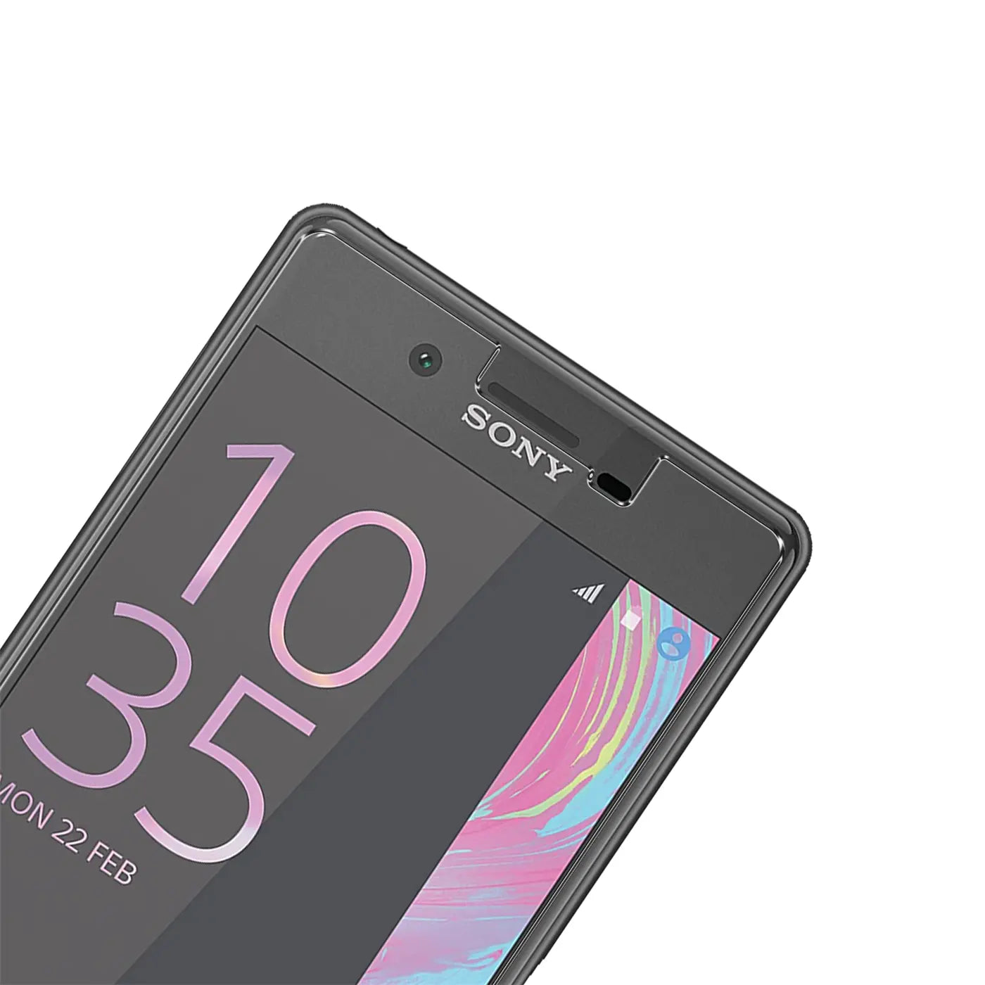 Oberer Teil eines schwarzen Sony Xperia X Smartphones mit Display, das 10:35 Uhr und "MON 22 FEB" anzeigt.