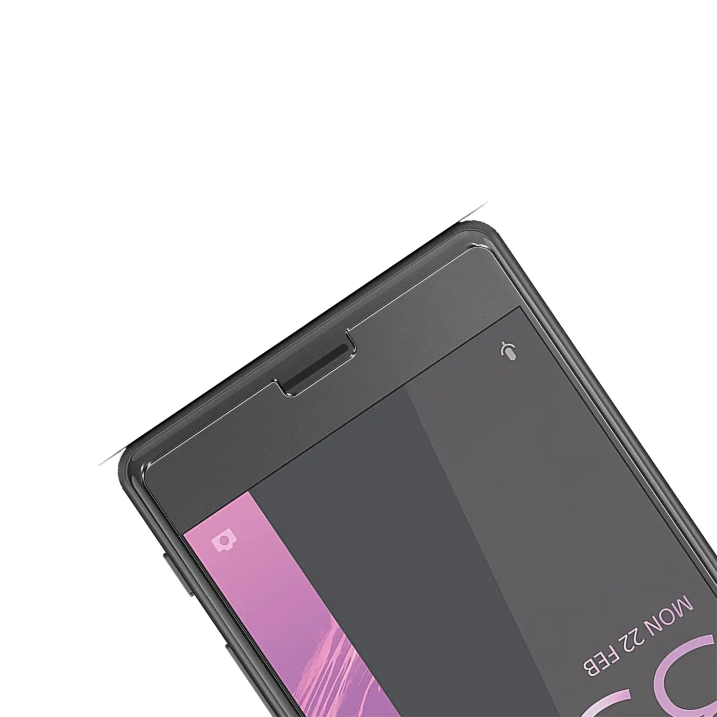 Schwarzes Sony Xperia X Smartphone mit transparentem Panzerglas-Displayschutz, schräg von oben rechts fotografiert.