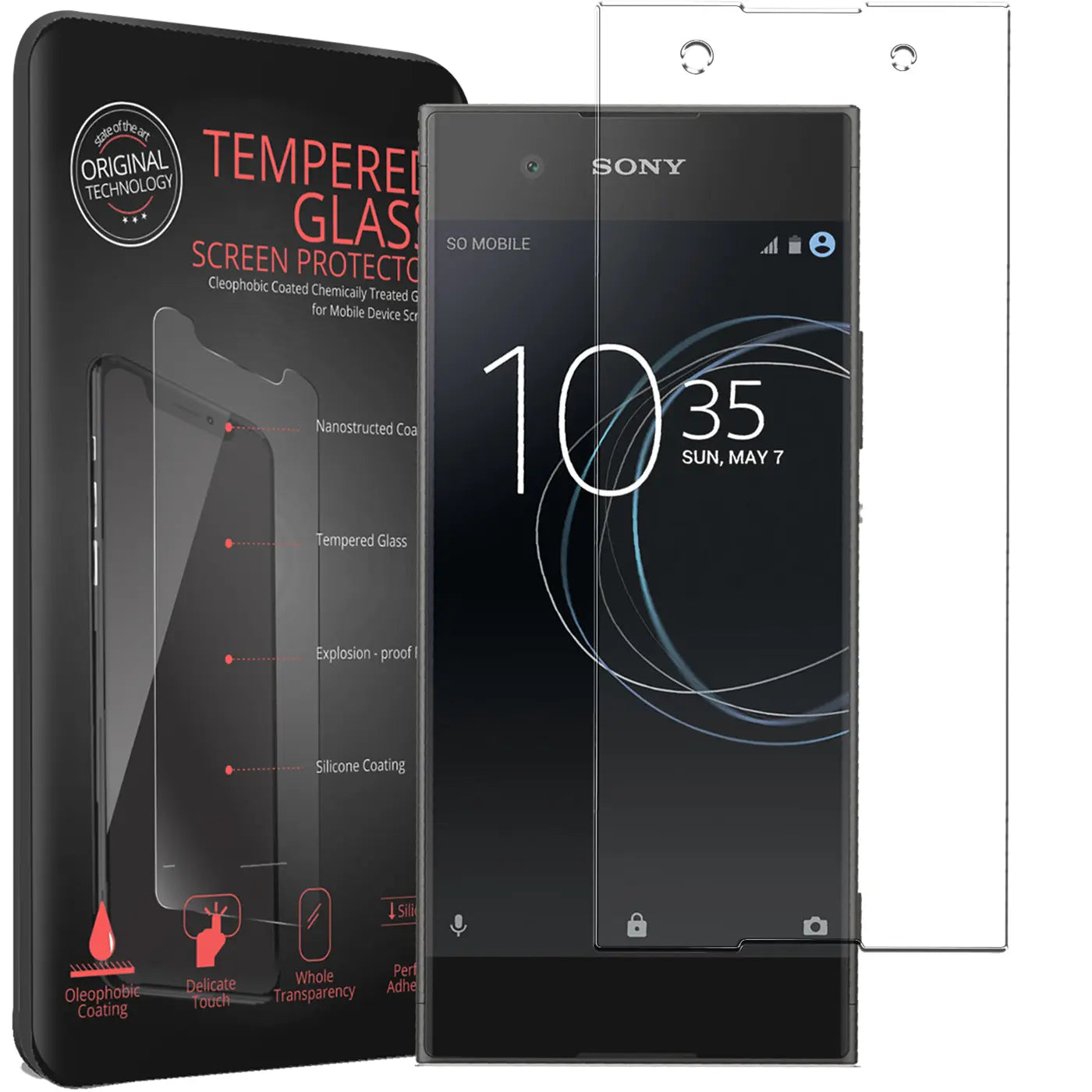 Schwarzes Sony Xperia XA1 mit aufgelegtem Panzerglas, daneben eine weitere Schutzfolie und die schwarze Verpackung.