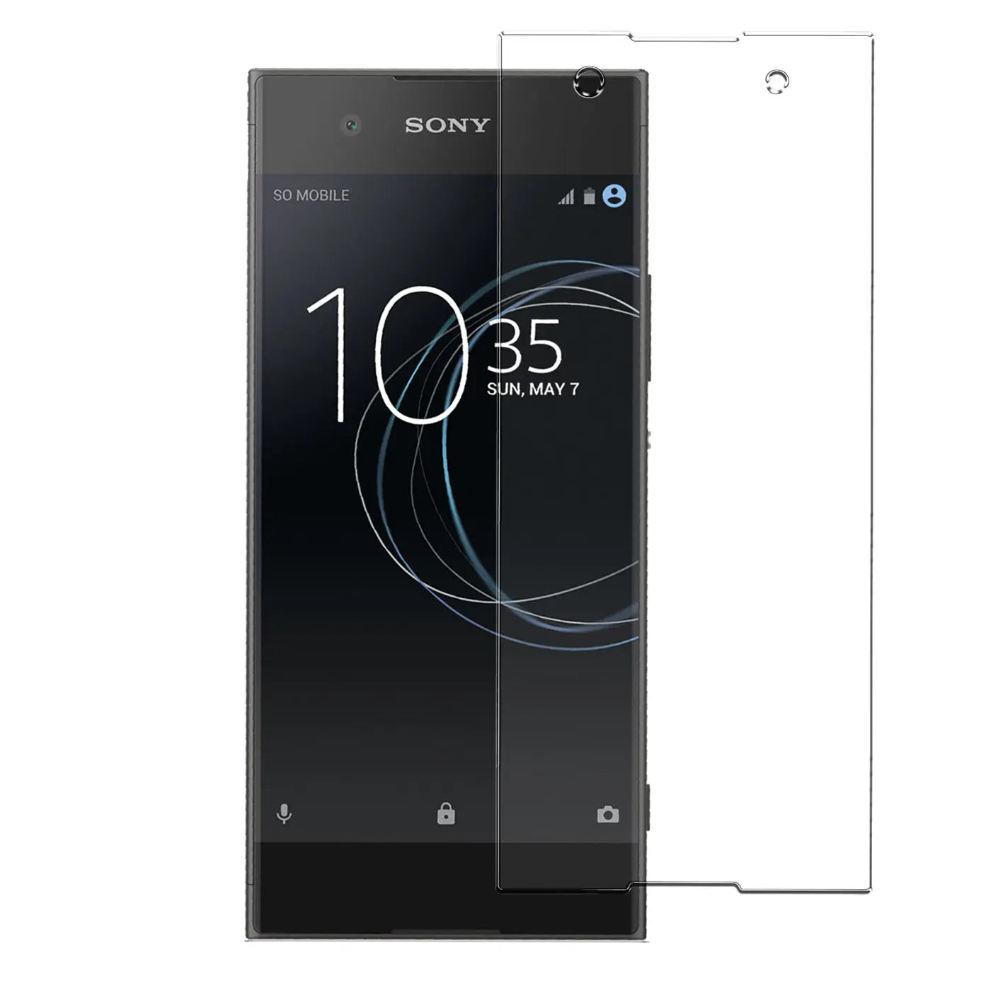 Sony Xperia XA1 Smartphone mit transparentem Panzerglas-Displayschutz (9H) daneben, Vorderansicht.