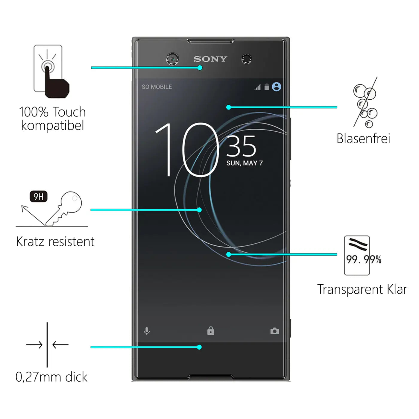 Schwarzes Sony Xperia XA1 Smartphone, frontal, mit blauen Linien zu Icons und Texten für Displayschutz-Eigenschaften.