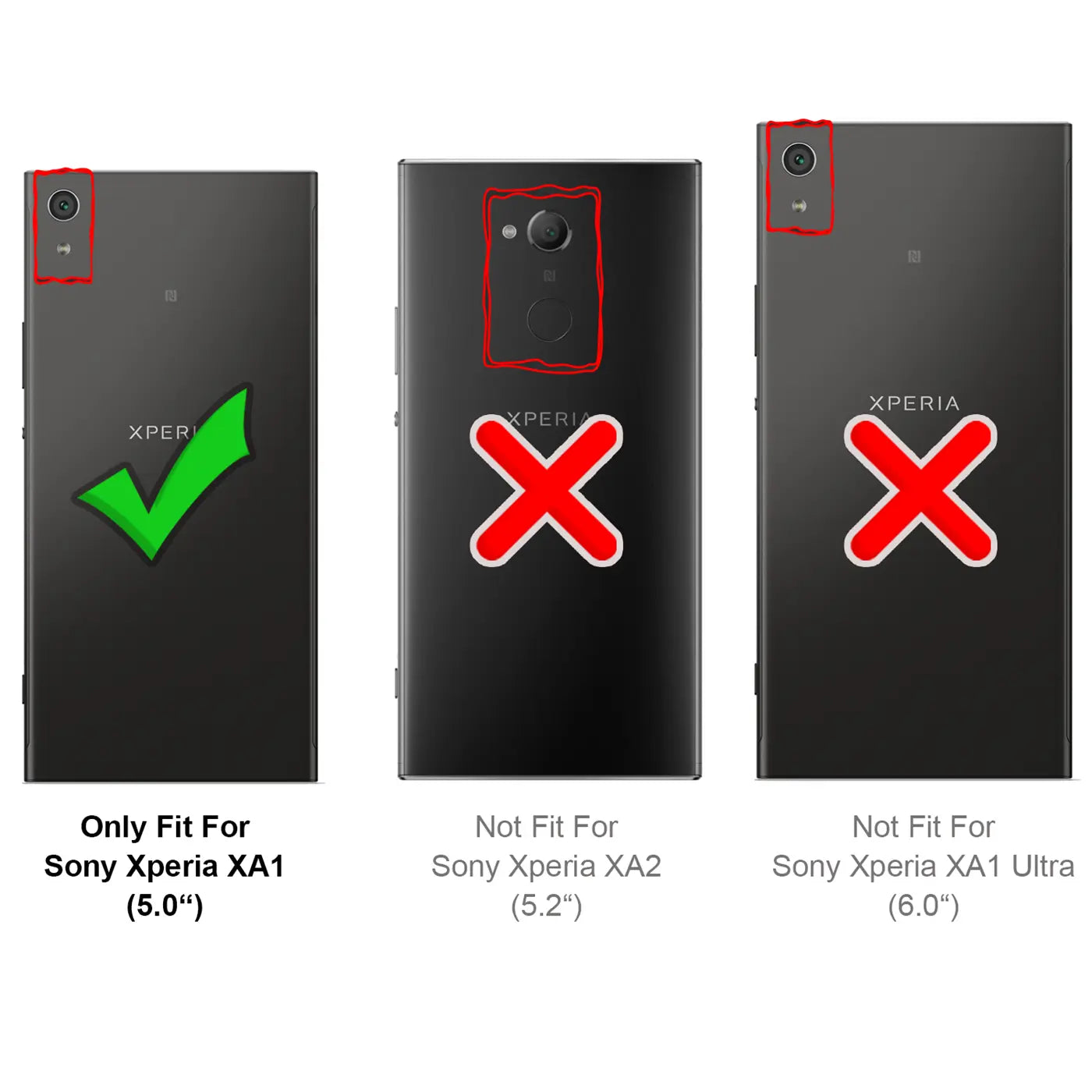 Drei schwarze Sony Xperia Smartphones von hinten, Vergleich der Kameramodule. Links XA1 (Haken), Mitte XA2 (Kreuz), Rechts.