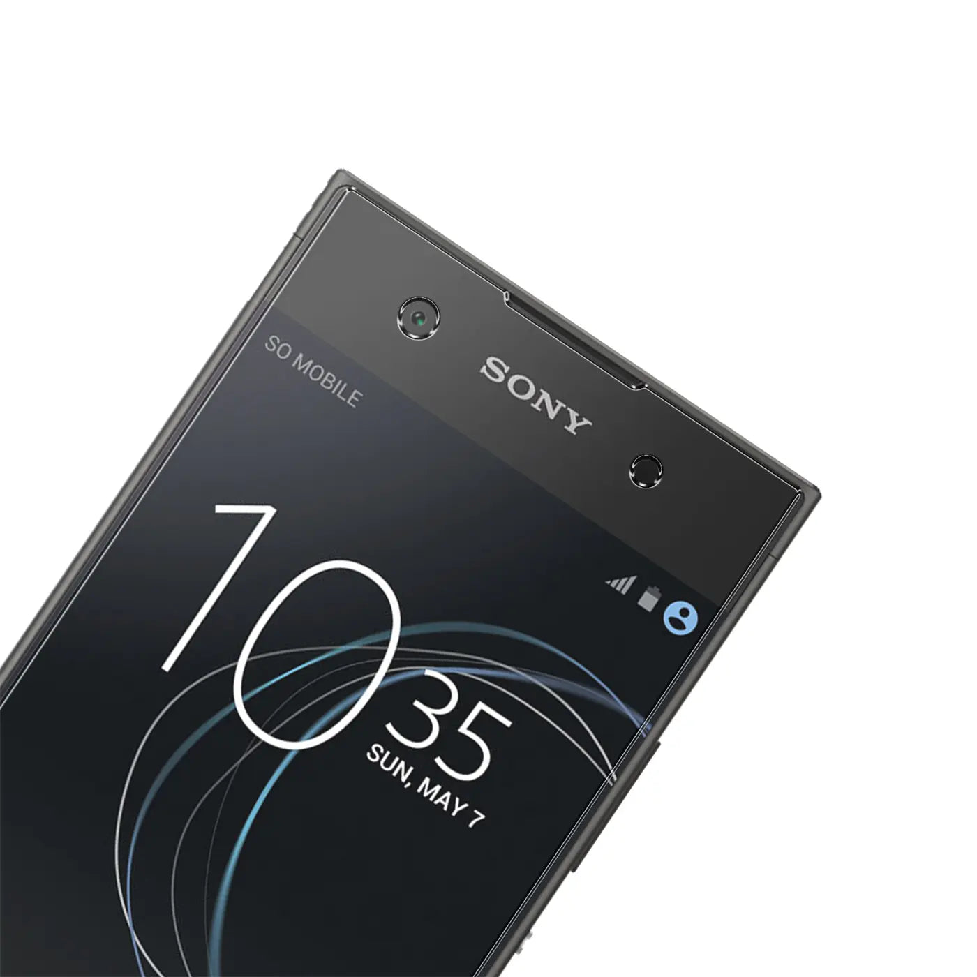 Nahaufnahme des schwarzen Sony Xperia XA1 Smartphones von oben links, Display mit Uhrzeit 10:35 Uhr.