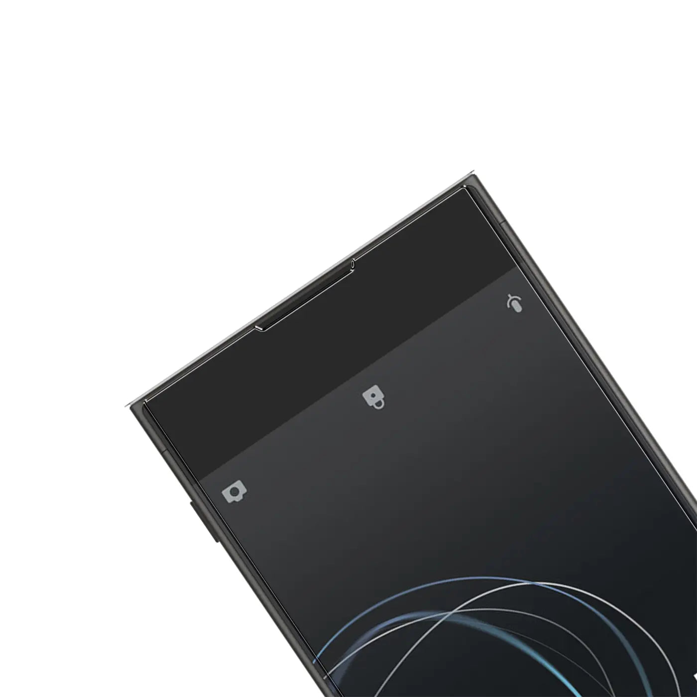 Nahaufnahme eines Sony Xperia XA1 Smartphones, schräg von oben. Das schwarze Display ist mit einem transparenten Panzerglas.