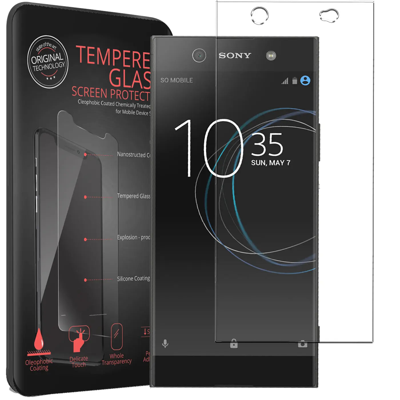 Schwarzes Sony Xperia XA1 Ultra mit aufgelegtem, transparentem Panzerglas und Verpackung links, ein weiteres Glas rechts.