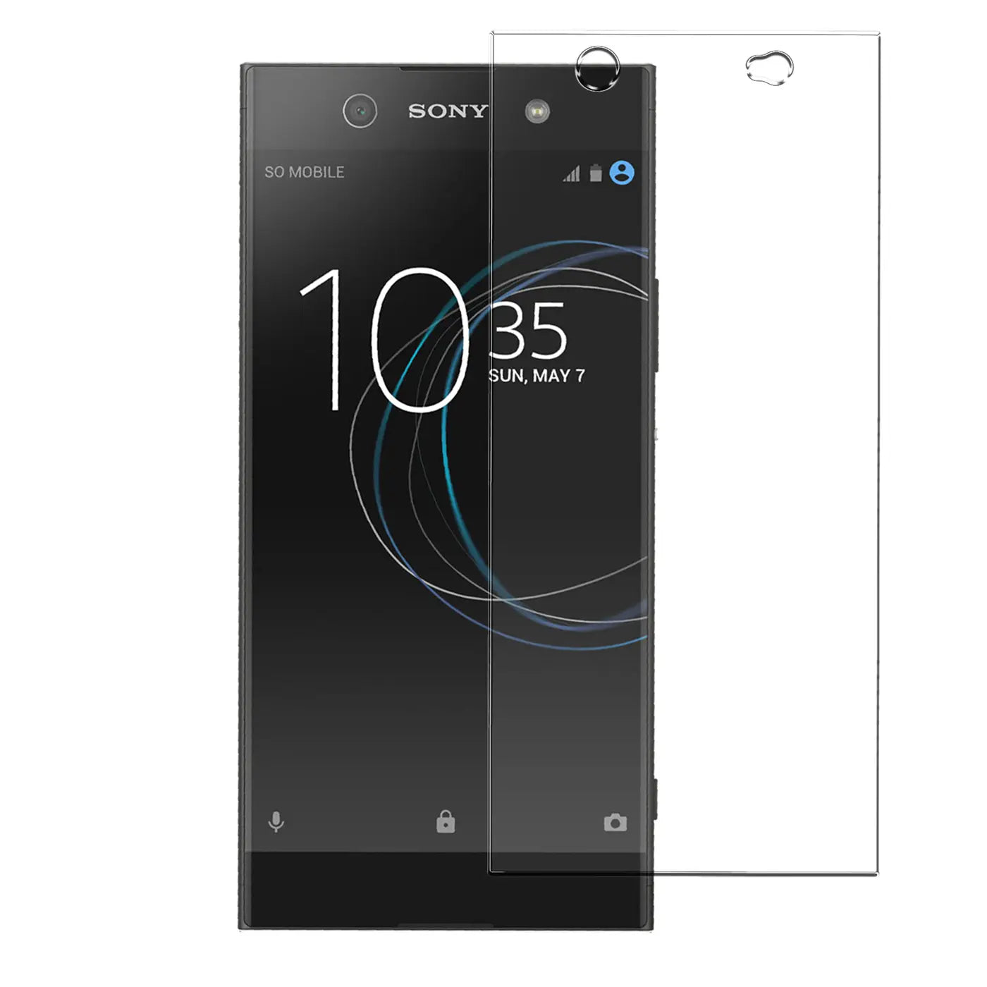 Schwarzes Sony Xperia XA1 Ultra Smartphone mit teilweise überlappendem, transparentem Panzerglas Displayschutz.