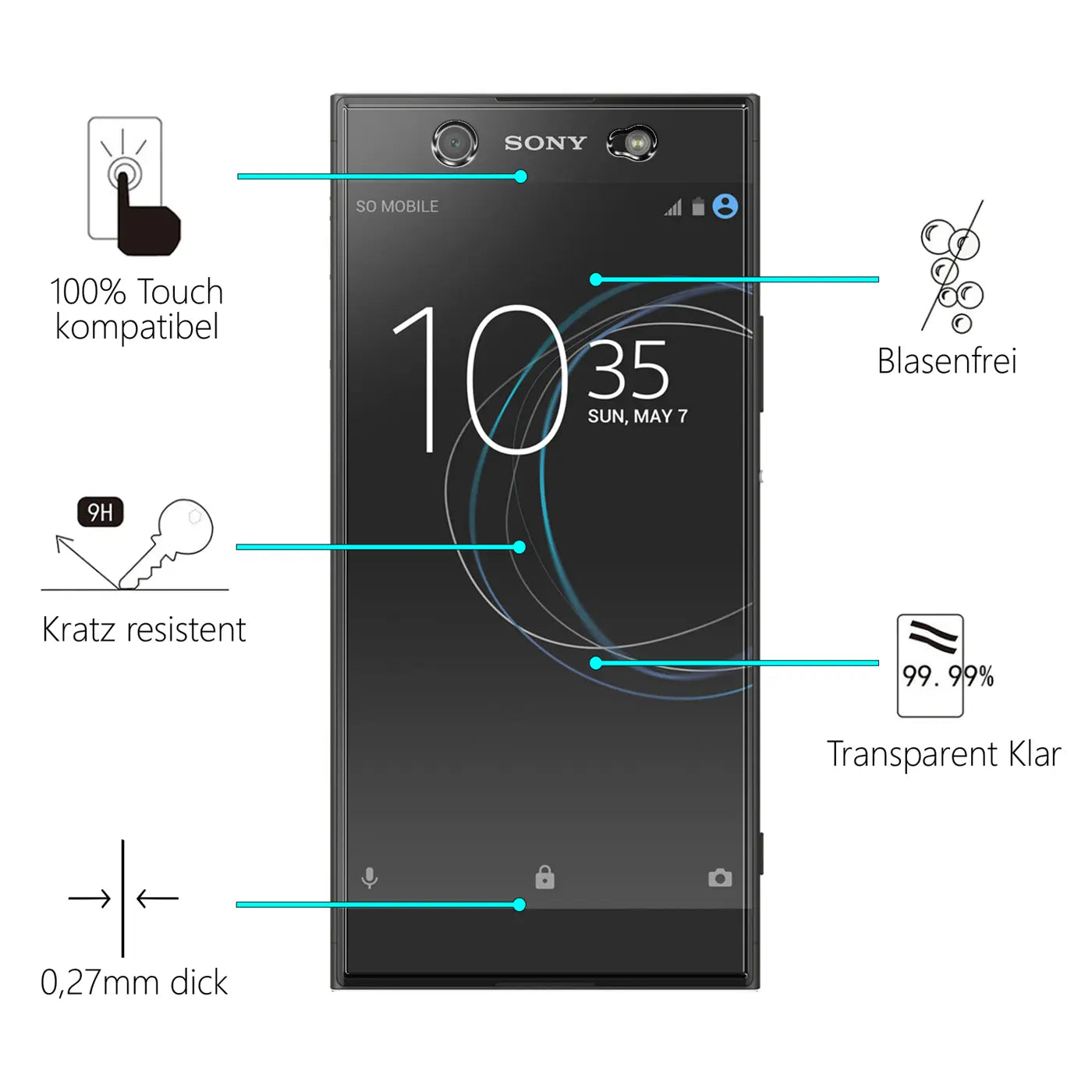 Schwarzes Sony Xperia XA1 Ultra Smartphone von vorne mit 9H Panzerglas Displayschutz und Produktmerkmalen.