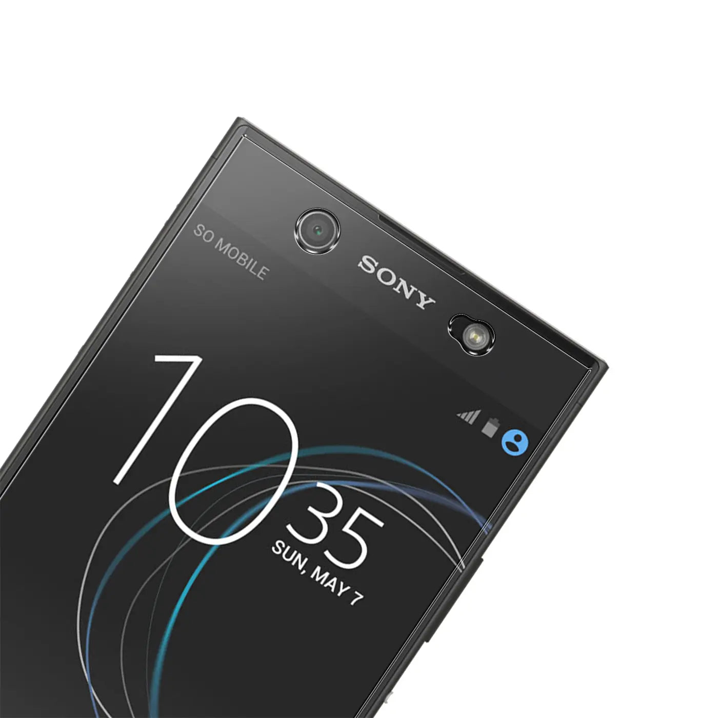Oberer Teil eines schwarzen Sony Xperia XA1 Ultra Smartphones, schräg von oben. Display zeigt Uhrzeit 10:35.