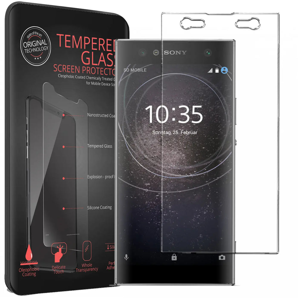 Schwarze Verpackung, Sony Xperia XA2 Ultra mit Display und ein transparentes Panzerglas von vorne.