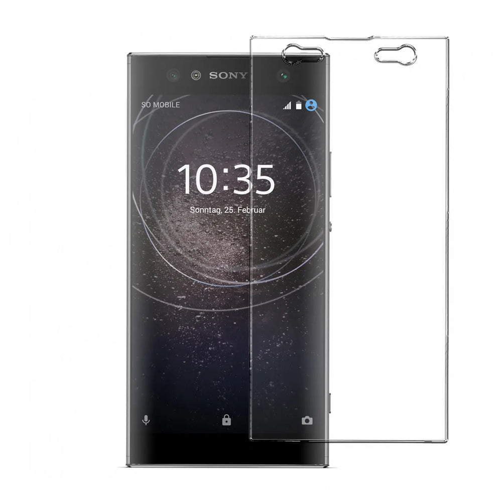 Transparentes Panzerglas für Sony Xperia XA2 Ultra, schräg über dem Display platziert, auf weißem Hintergrund.