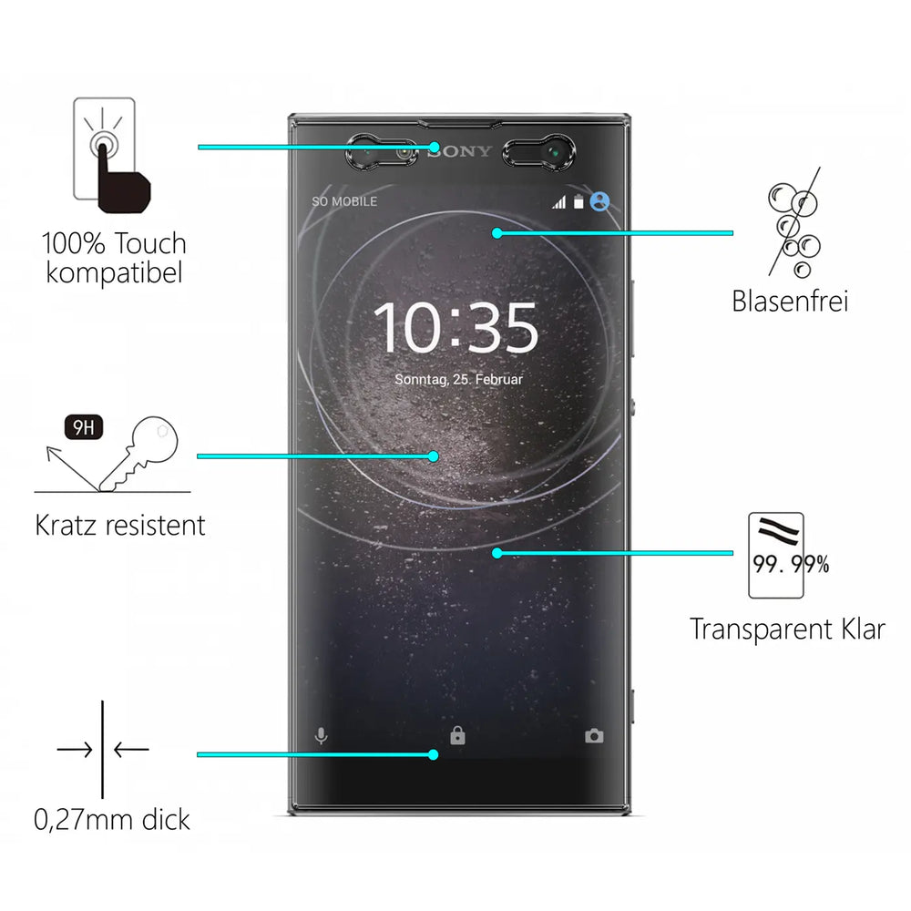 Sony Xperia XA2 Ultra mit transparentem Panzerglas-Displayschutz (9H) von vorne, umgeben von Produktmerkmalen.