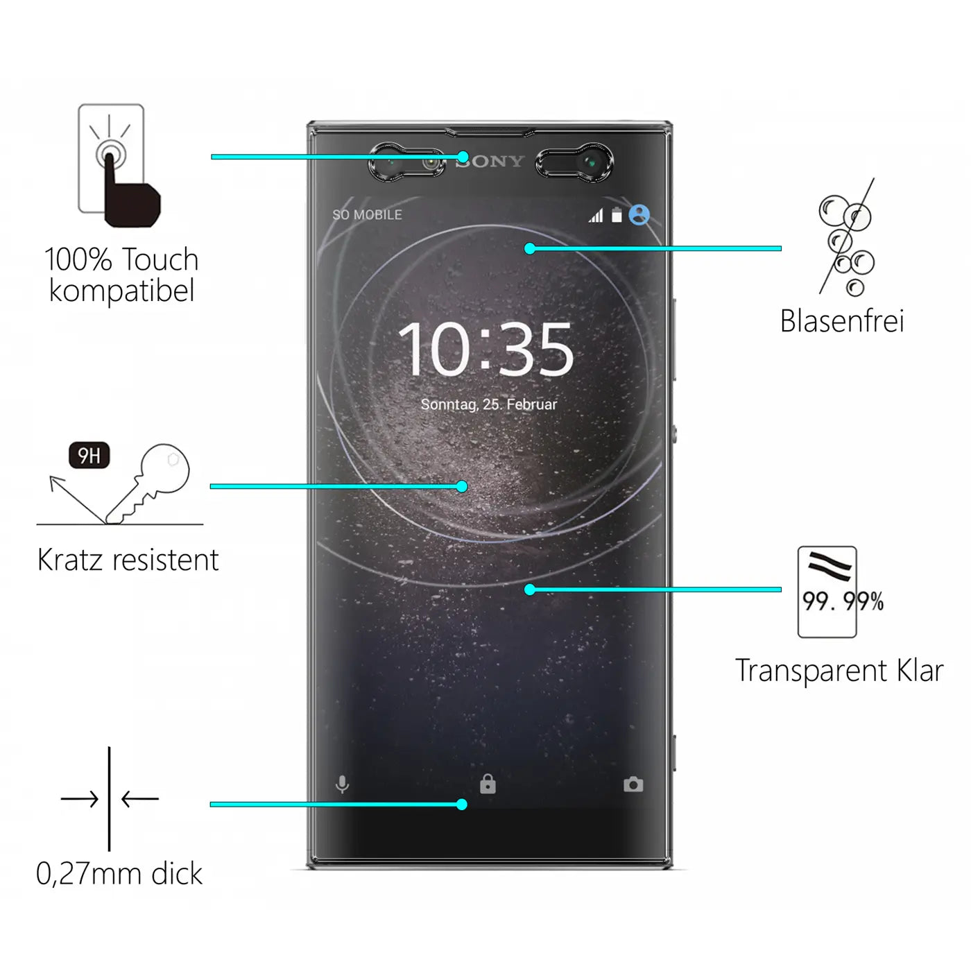 Sony Xperia XA2 Ultra mit transparentem Panzerglas-Displayschutz (9H) von vorne, umgeben von Produktmerkmalen.