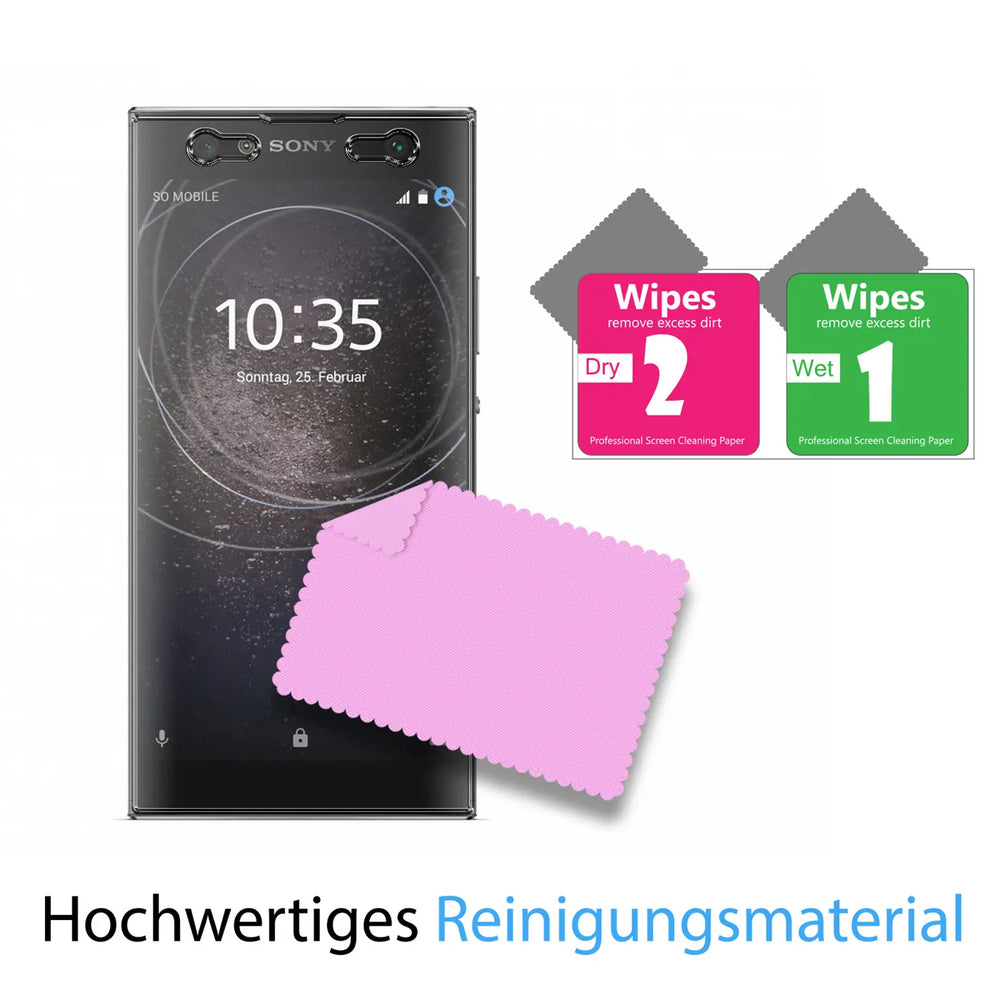 Sony Xperia XA2 Ultra, schwarz, frontal. Davor ein pinkes Mikrofasertuch und zwei Reinigungstücher (Wet/Dry).