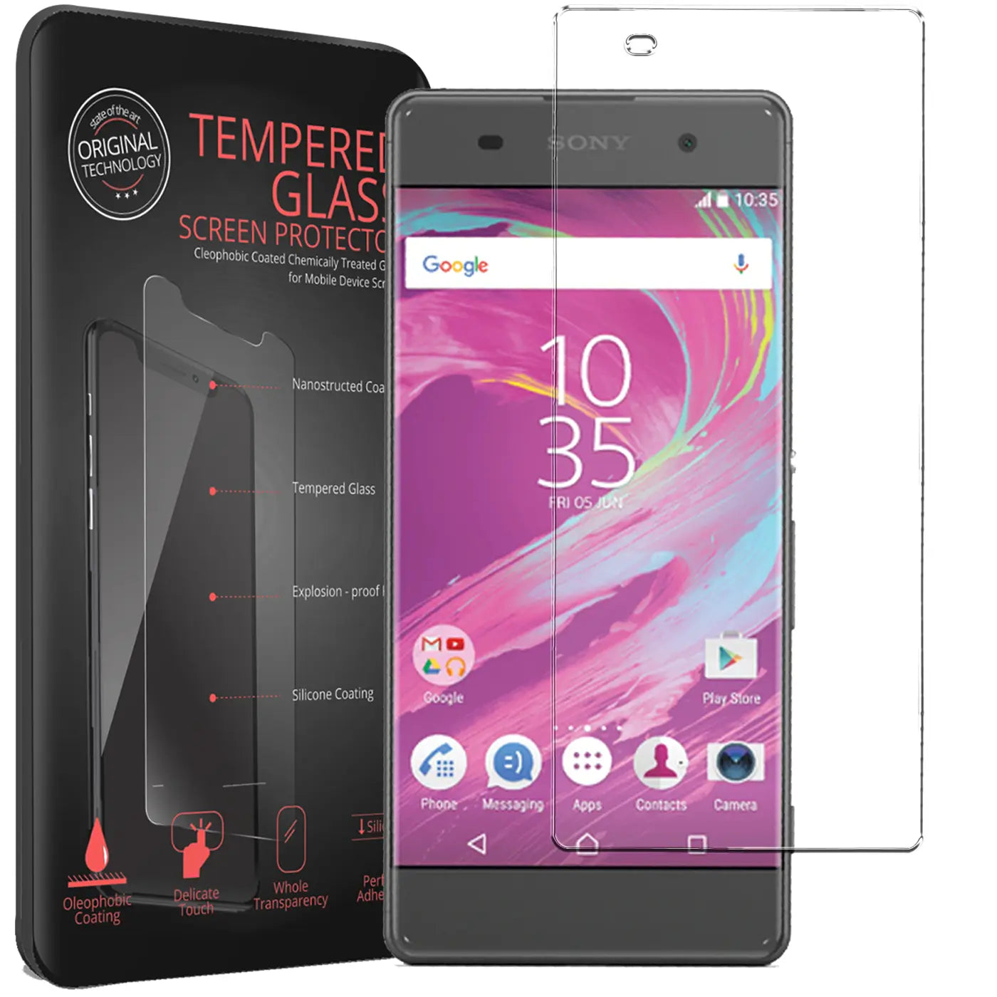 Schwarzes Sony Xperia XA Smartphone mit violettem Display, daneben zwei transparente Panzerglas-Displayschutzfolien.