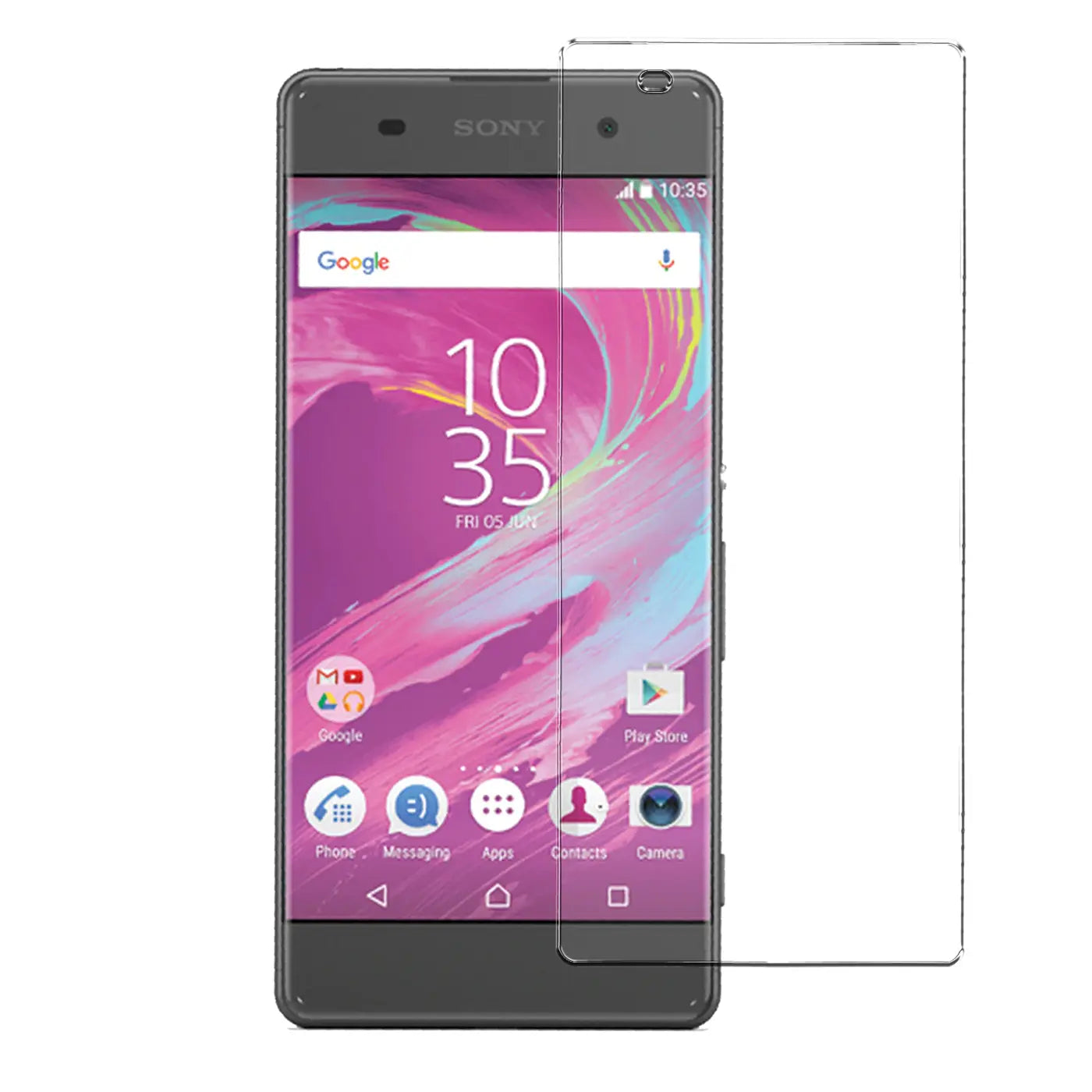 Graues Sony Xperia XA Smartphone mit lila Display und daneben liegendem, transparentem Panzerglas-Displayschutz.
