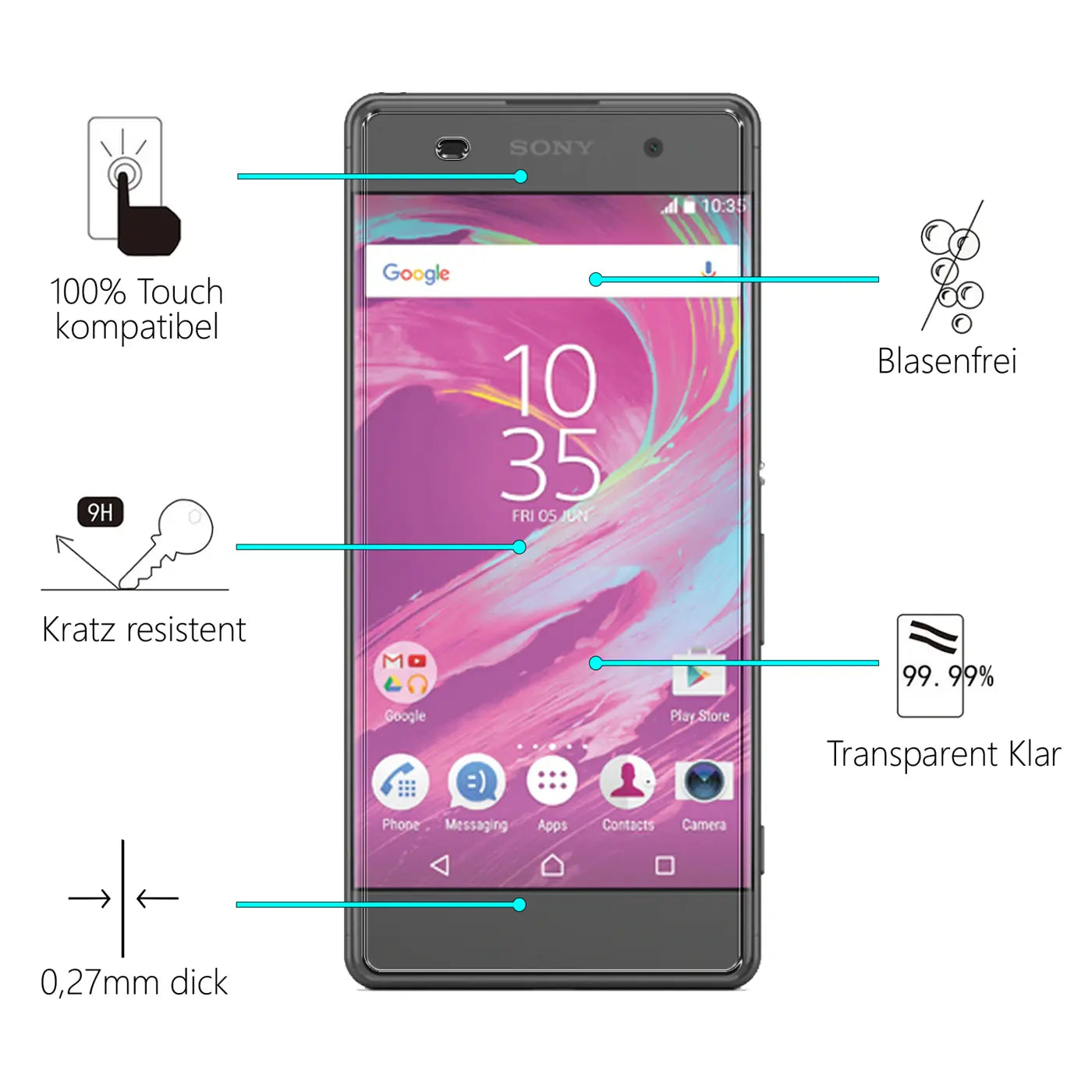 Graues Sony Xperia XA Smartphone frontal mit Display-Schutzfolie und blauen Linien zu Eigenschaften wie "Kratz resistent".