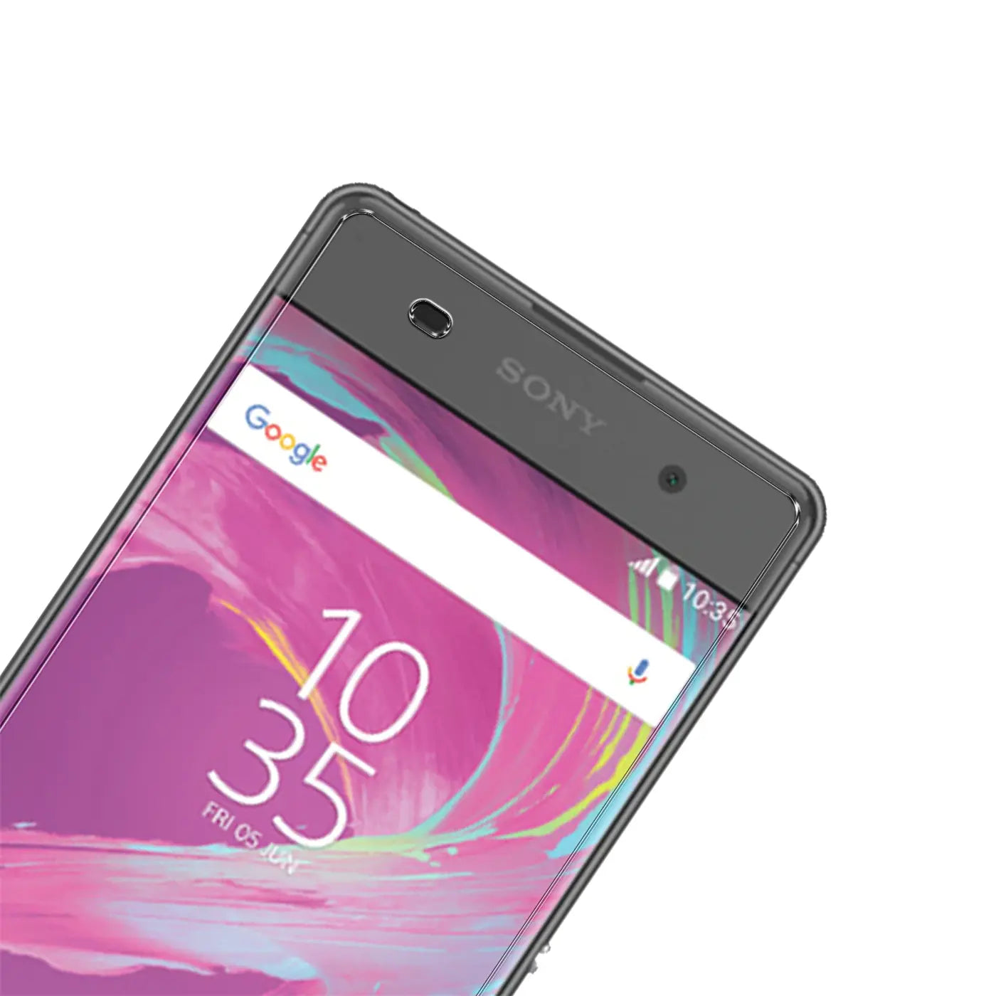 Nahaufnahme des oberen Teils eines Sony Xperia XA Smartphones mit schwarzem Rahmen und Display mit lila Hintergrund.