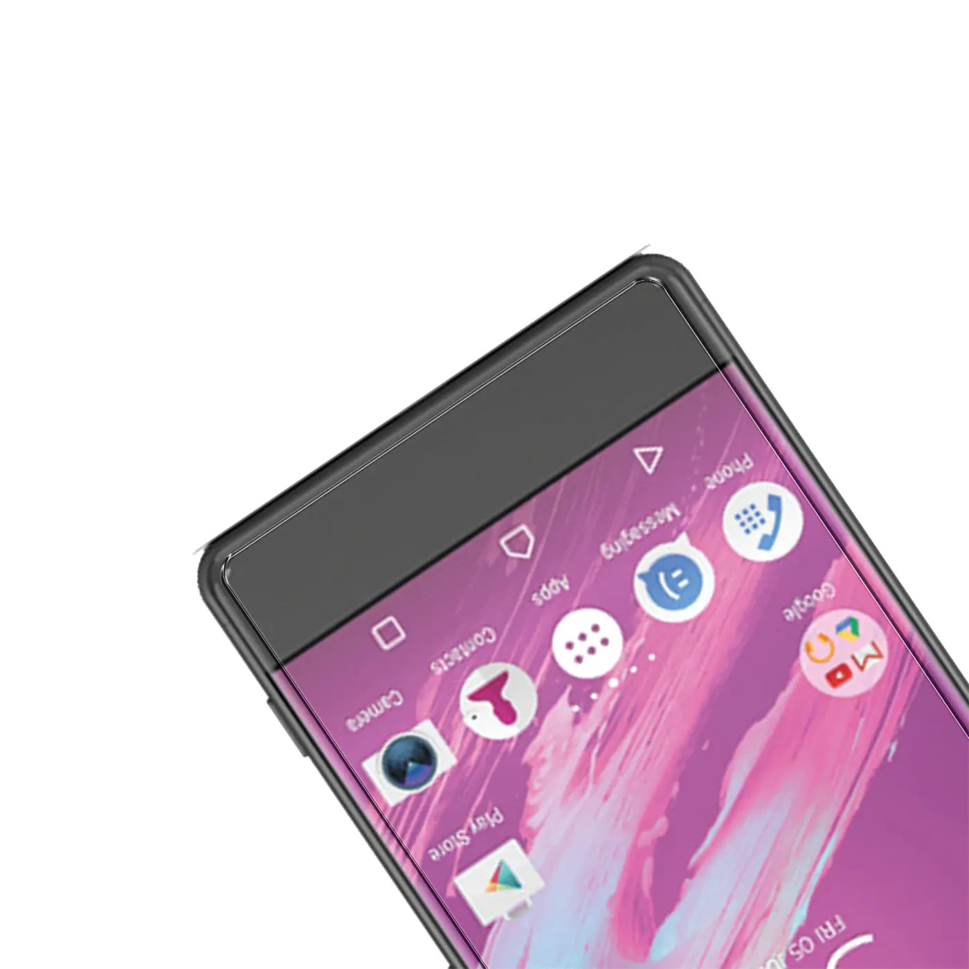 Nahaufnahme des oberen Teils eines Sony Xperia XA Smartphones mit schwarzem Rahmen und violettem Display, schräg von oben.