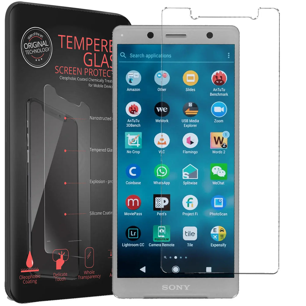 Schwarze Verpackung mit Panzerglas-Details, daneben ein silbernes Sony Xperia XZ2 Compact mit aufgelegtem Panzerglas.