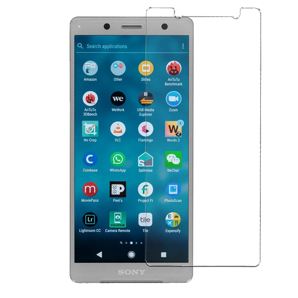 Silbernes Sony Xperia XZ2 Compact Smartphone mit transparentem Panzerglas-Displayschutz von vorne, leicht nach rechts.