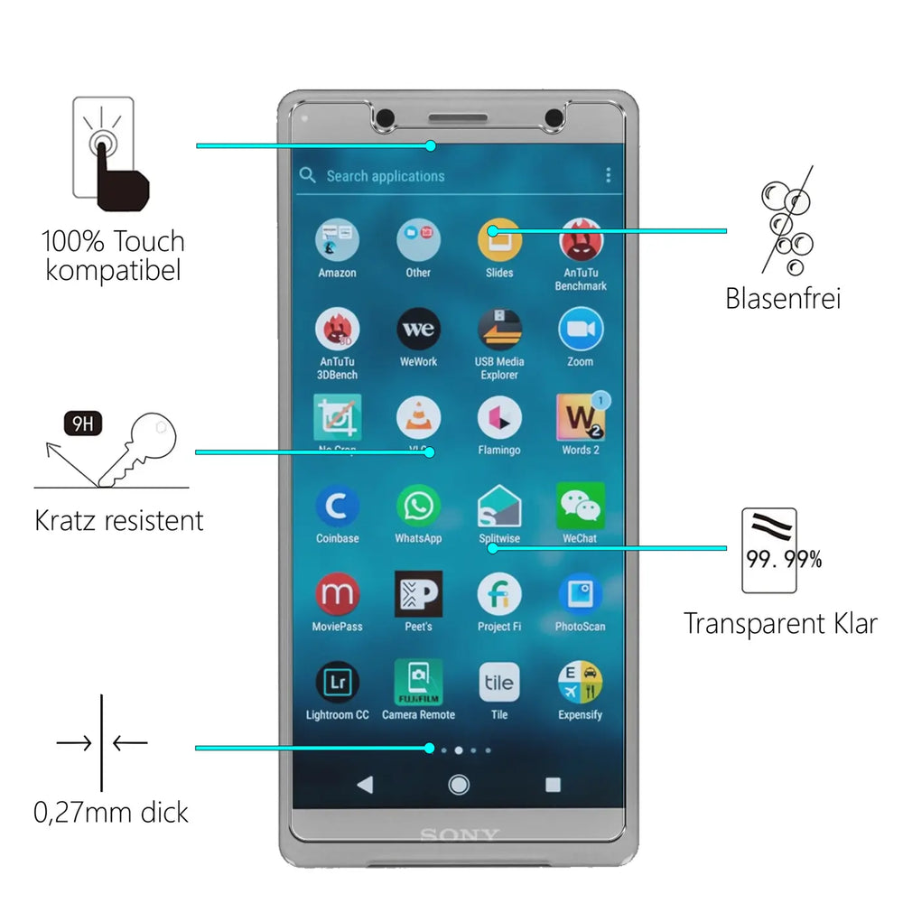Silbernes Sony Xperia XZ2 Compact von vorne mit Display-Schutzfolie und Infografiken zu Eigenschaften wie 9H Härte.