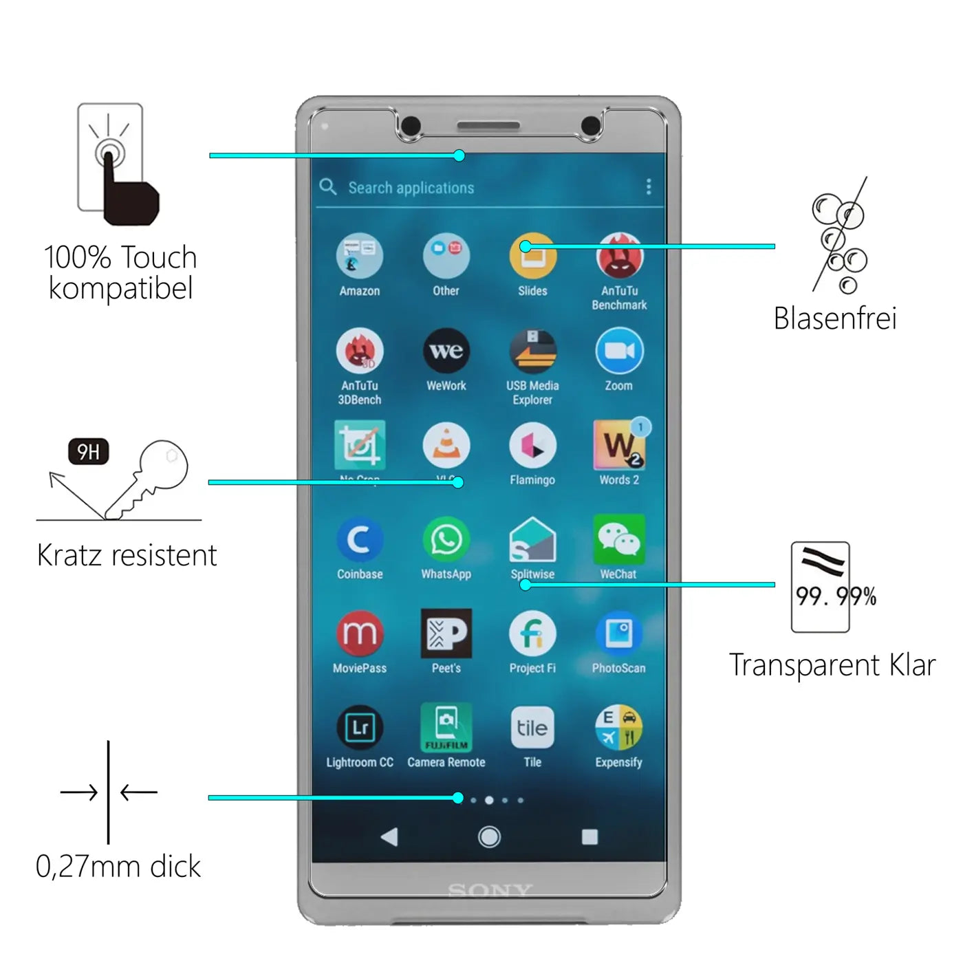 Silbernes Sony Xperia XZ2 Compact von vorne mit Display-Schutzfolie und Infografiken zu Eigenschaften wie 9H Härte.