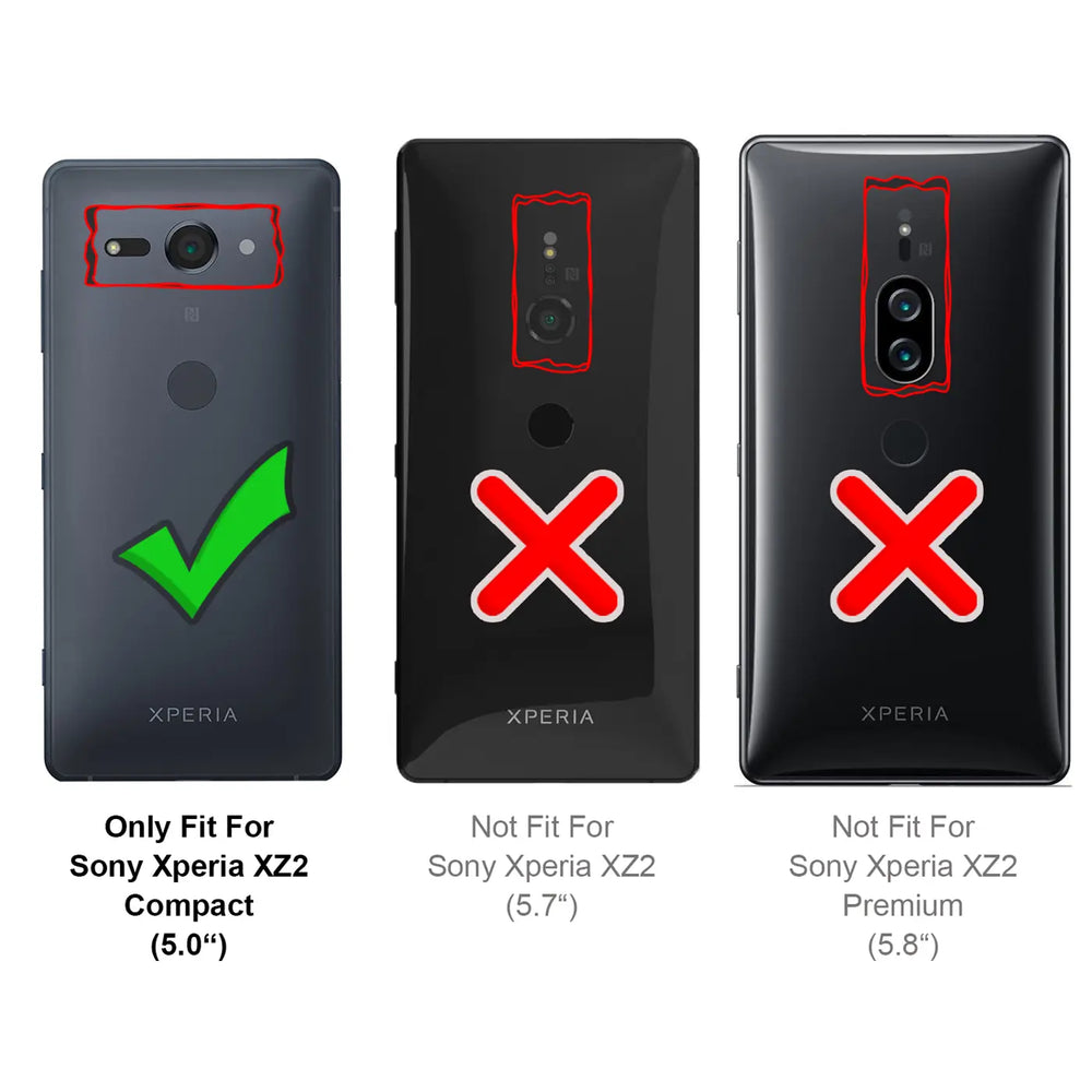 Rückansicht von 3 schwarzen Sony Xperia XZ2 Smartphones. Links: Compact mit grünem Haken. Mitte: XZ2 mit rotem X. Rechts:.
