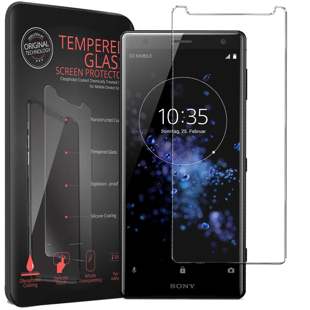 Schwarzes Sony Xperia XZ2 Smartphone mit Displayschutzfolie aus Panzerglas und Verpackung, schräg von vorne.