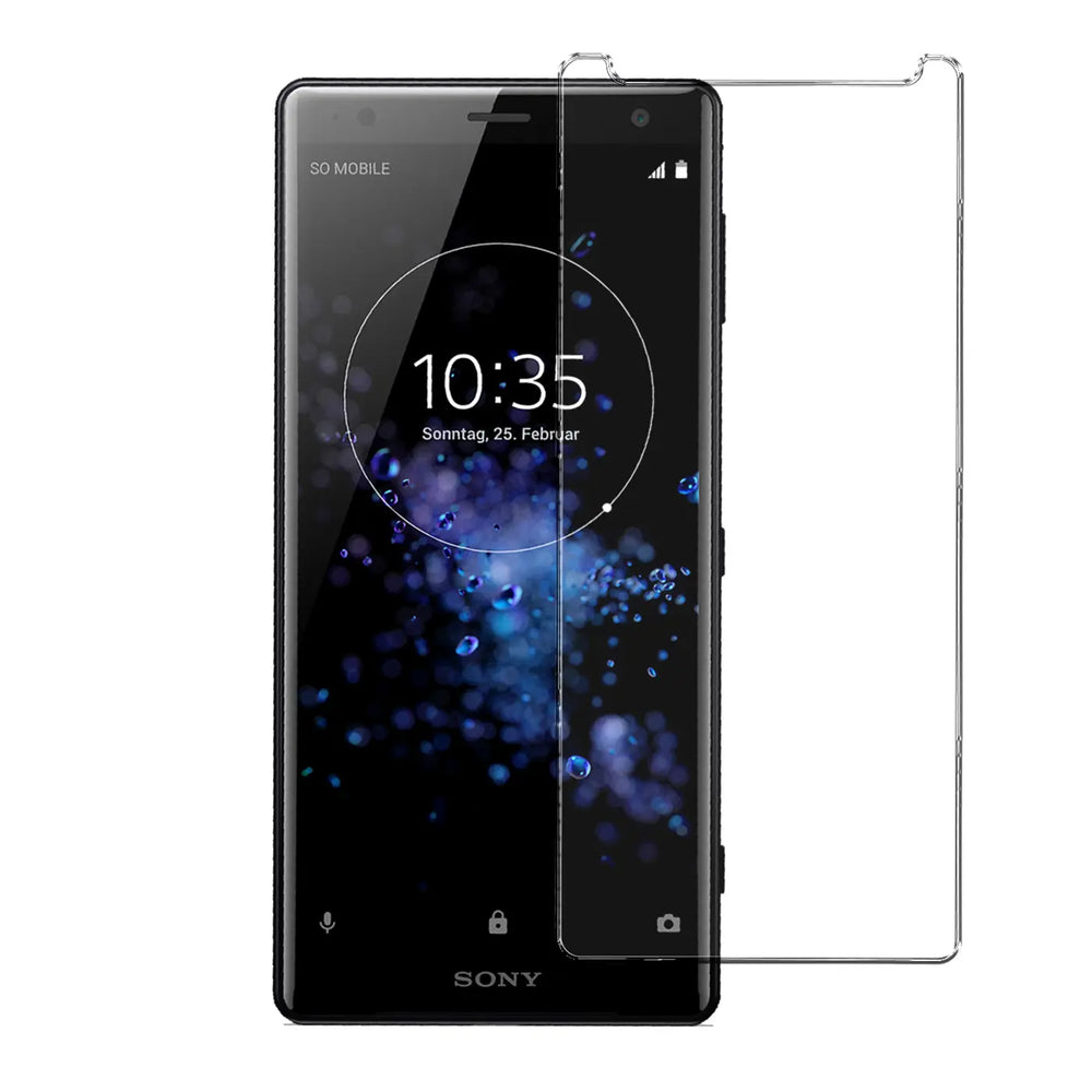 Sony Xperia XZ2 Smartphone mit transparentem Panzerglas-Displayschutz, von vorne, leicht schräg von rechts.