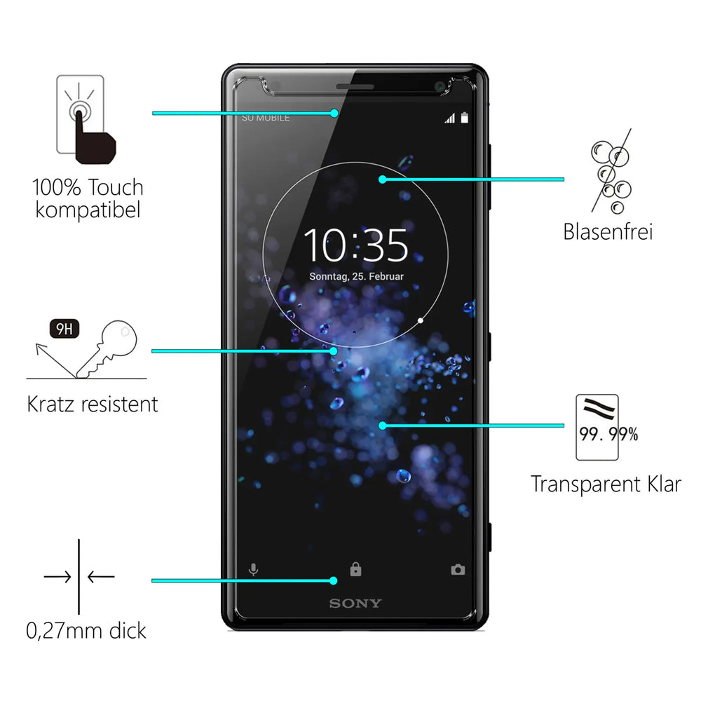 Schwarzes Sony Xperia XZ2 Smartphone mit transparentem Panzerglas Displayschutz, frontal, umgeben von Produktinfos.
