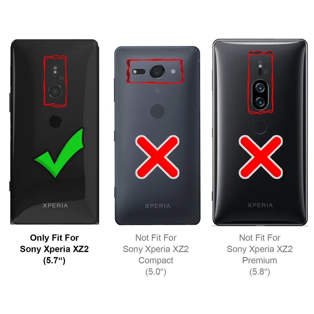 Rückansicht von drei schwarzen Sony Xperia Smartphones. Das linke (XZ2) hat einen grünen Haken, die anderen zwei (XZ2.