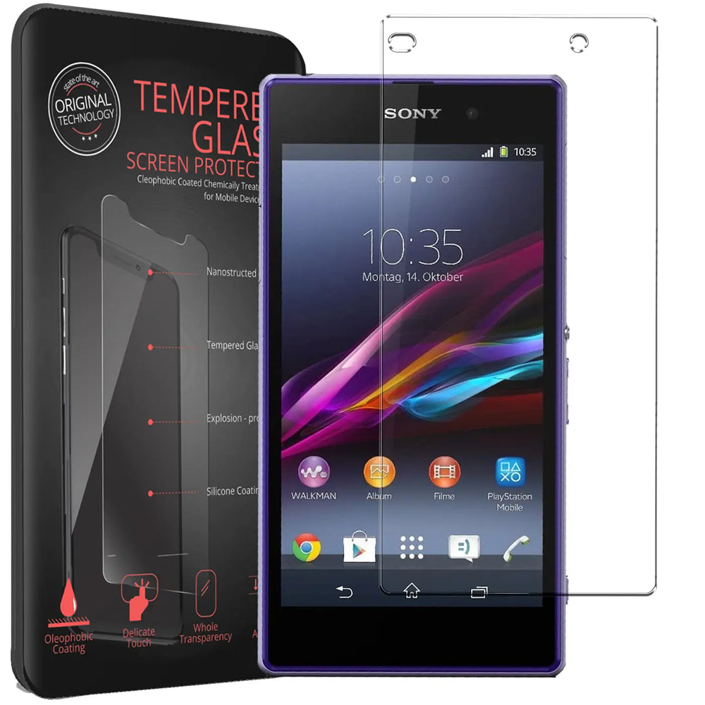 Schwarzes Sony Xperia Z1 Compact Smartphone mit lila Rand, davor zwei transparente Panzerglas-Displayschutzfolien.