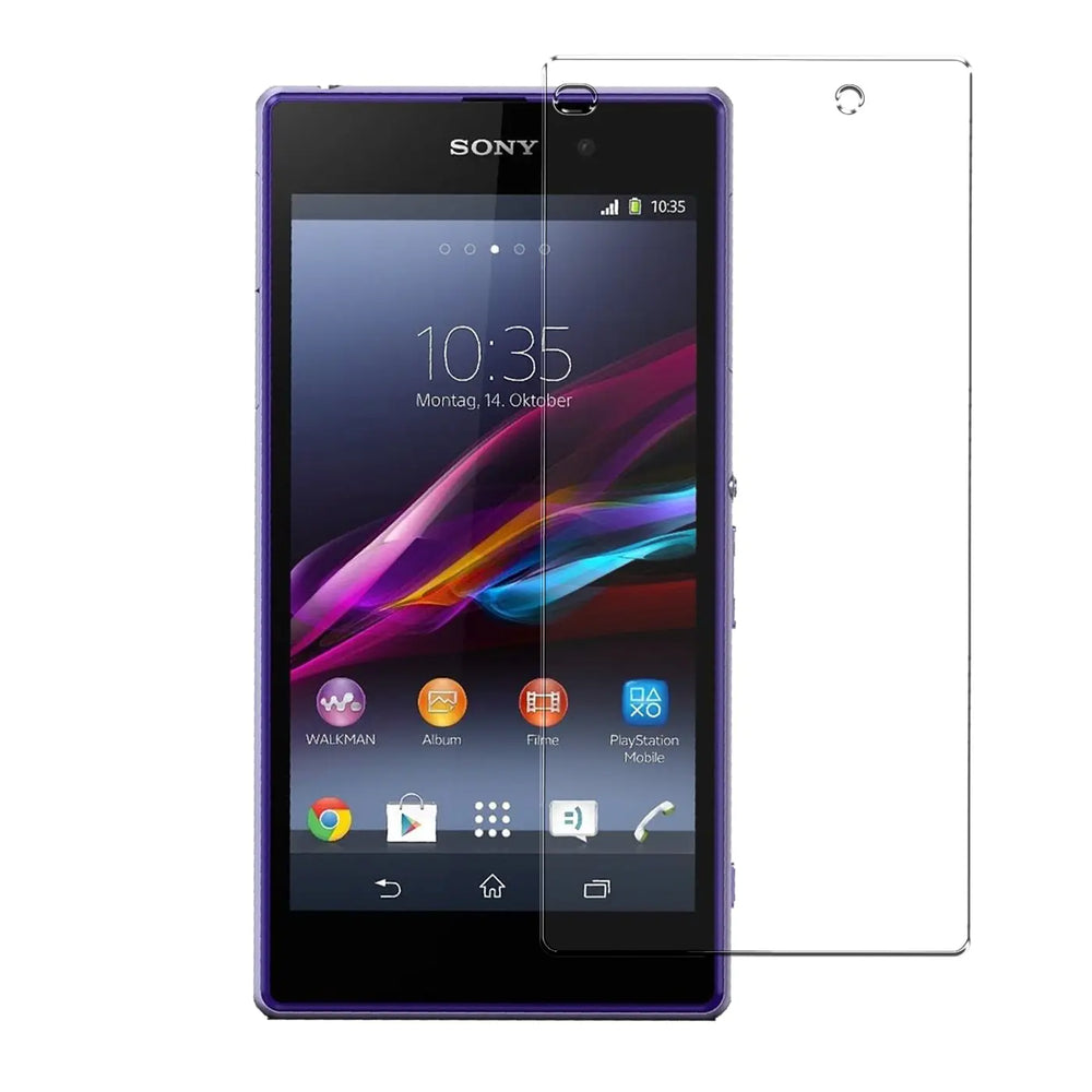 Lila Sony Xperia Z1 Compact mit teilweisem Panzerglas-Displayschutz und einem weiteren daneben, von vorne.