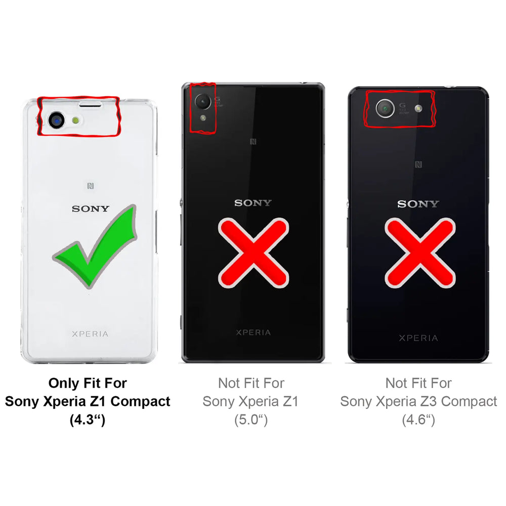 Drei Sony Xperia Smartphones (weiß, schwarz) von vorne, mit Haken/Kreuzen und roten Markierungen.