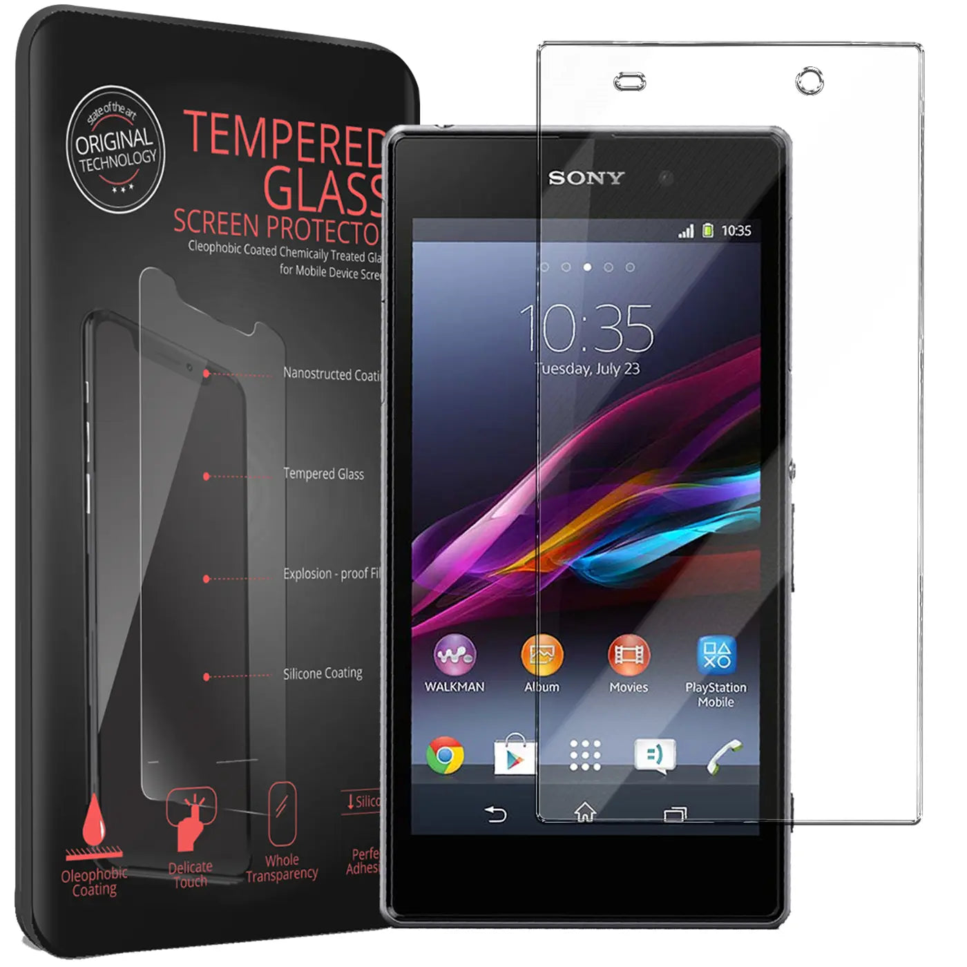 Schwarzes Sony Xperia Z1 Handy mit angebrachtem Panzerglas, daneben ein zweites Panzerglas und die schwarze Verpackung.