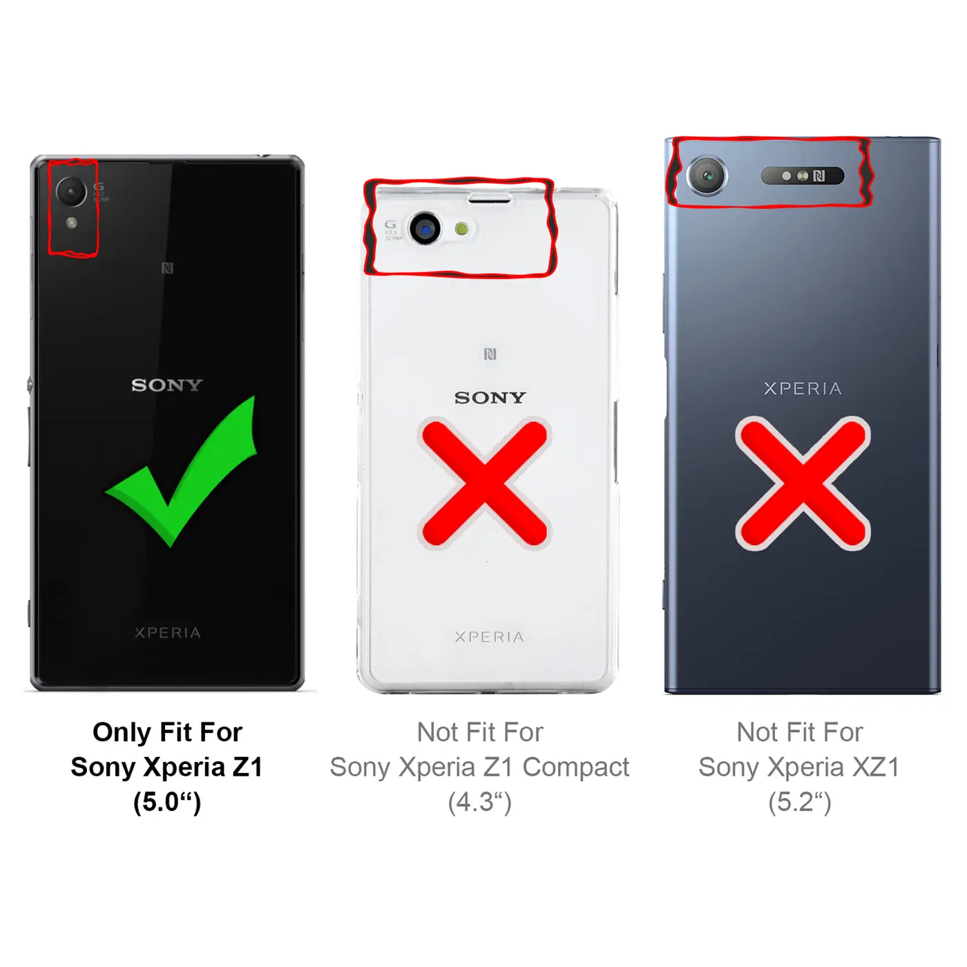 Drei Sony Xperia Smartphones (Z1, Z1 Compact, XZ1) von hinten, schwarz, weiß, blau. Rote Markierungen und Kreuze.