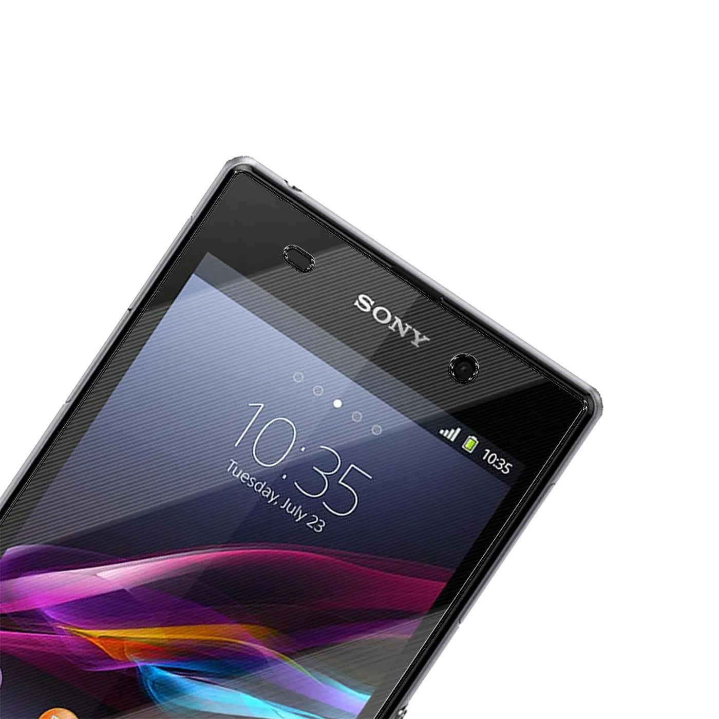 Nahaufnahme eines schwarzen Sony Xperia Z1 Smartphones mit eingeschaltetem Display, schräg von oben rechts.