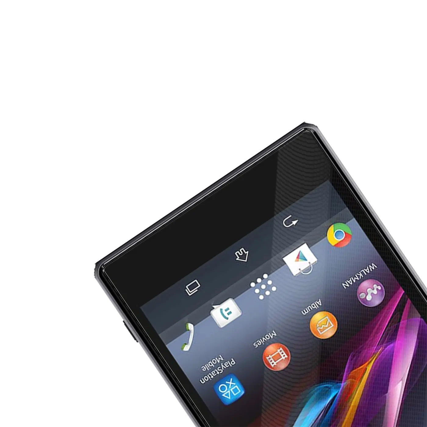 Nahaufnahme eines schwarzen Sony Xperia Z1 Smartphones, schräg von oben rechts, mit sichtbaren App-Icons auf dem Display.