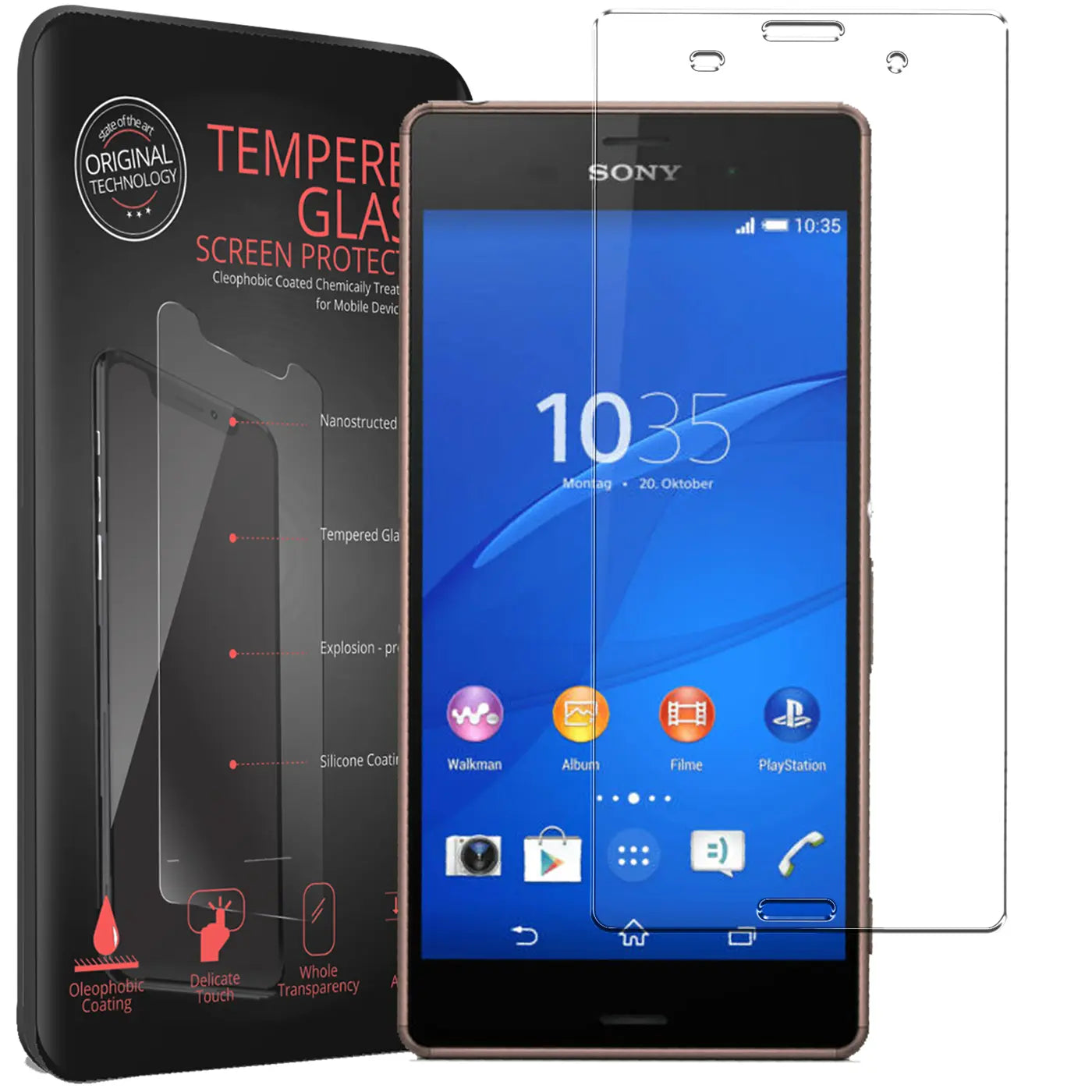 Dunkelbraunes Sony Xperia Z3 mit aufgelegtem, transparentem Panzerglas-Displayschutz und Verpackung von schräg oben.