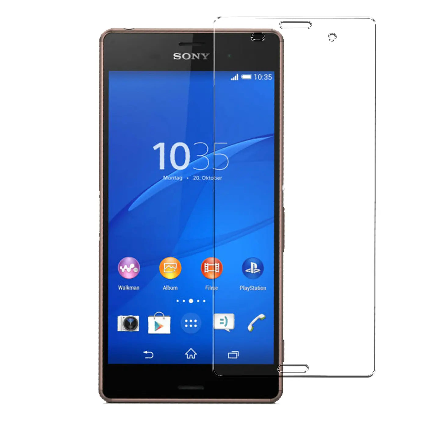Sony Xperia Z3 in Bronze mit einem transparenten Panzerglas-Displayschutz daneben, frontal auf weißem Hintergrund.