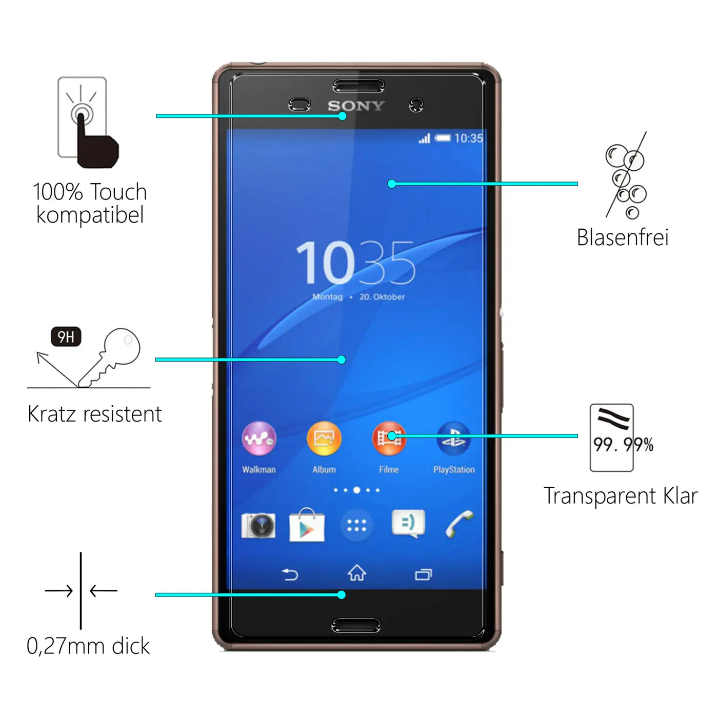 Sony Xperia Z3 Smartphone, dunkelbraun, frontal, mit transparentem Panzerglas Displayschutz und blauen Hinweispfeilen.