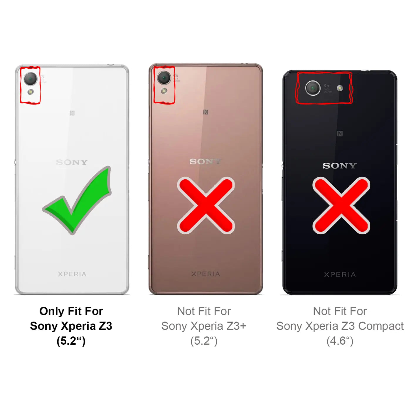 Drei Sony Xperia Rückseiten: weiß (Haken, Z3), kupfer (X, Z3+), schwarz (X, Z3 Compact) zur Kompatibilitätsprüfung.