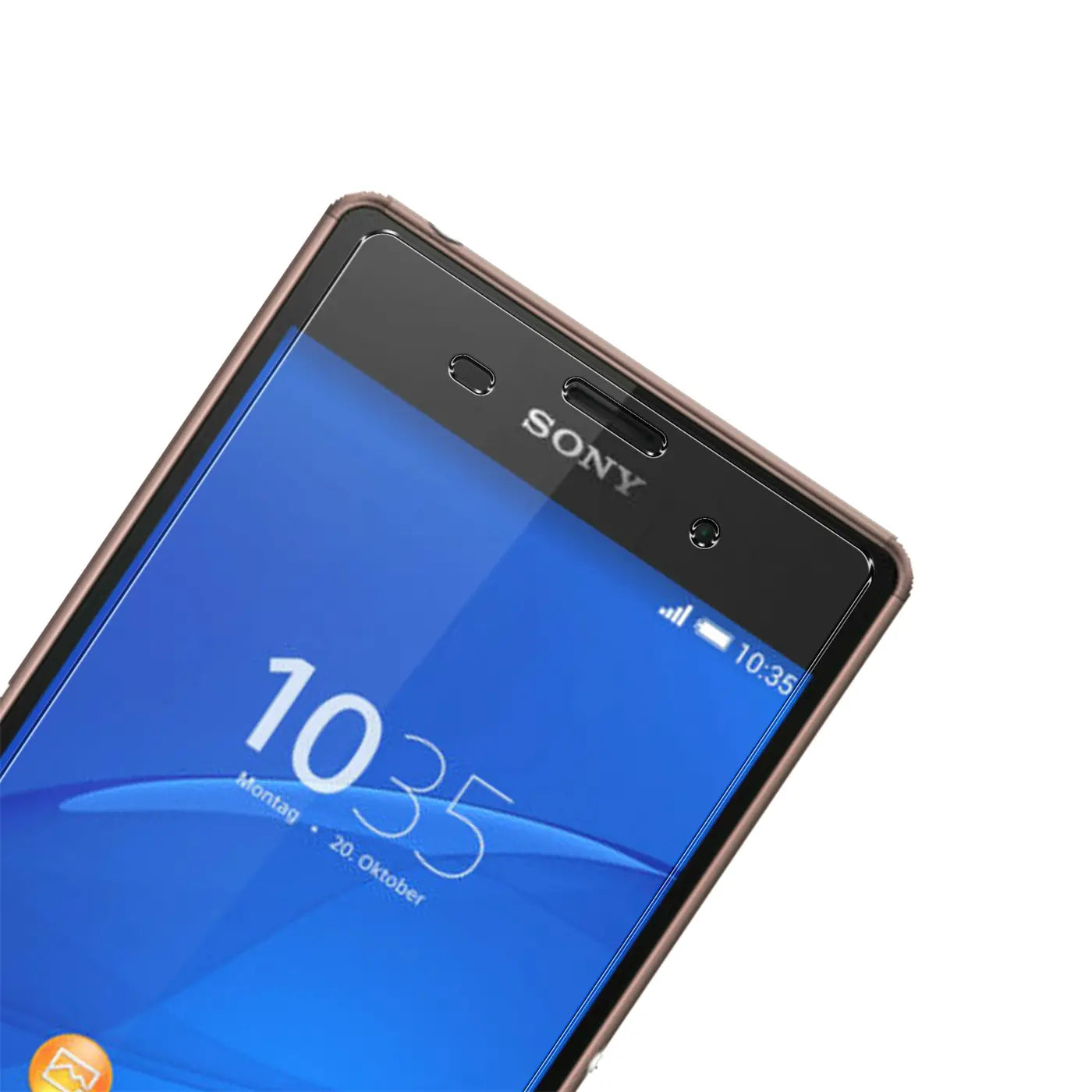Nahaufnahme eines braunen Sony Xperia Z3 mit transparentem Panzerglas-Displayschutz, schräg von oben.