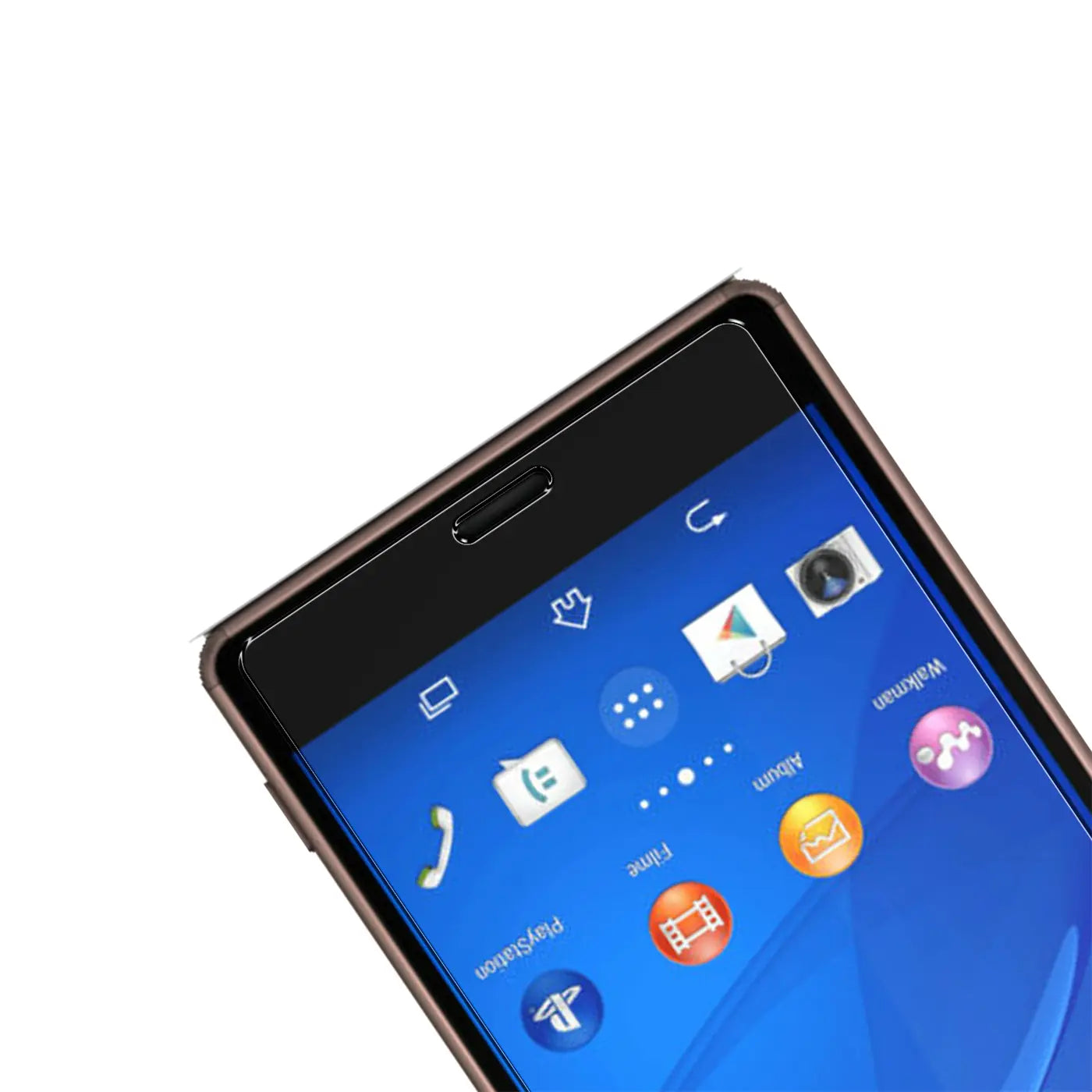 Nahaufnahme eines Sony Xperia Z3 mit schwarzem Display und blauer Benutzeroberfläche, schräg von oben rechts.