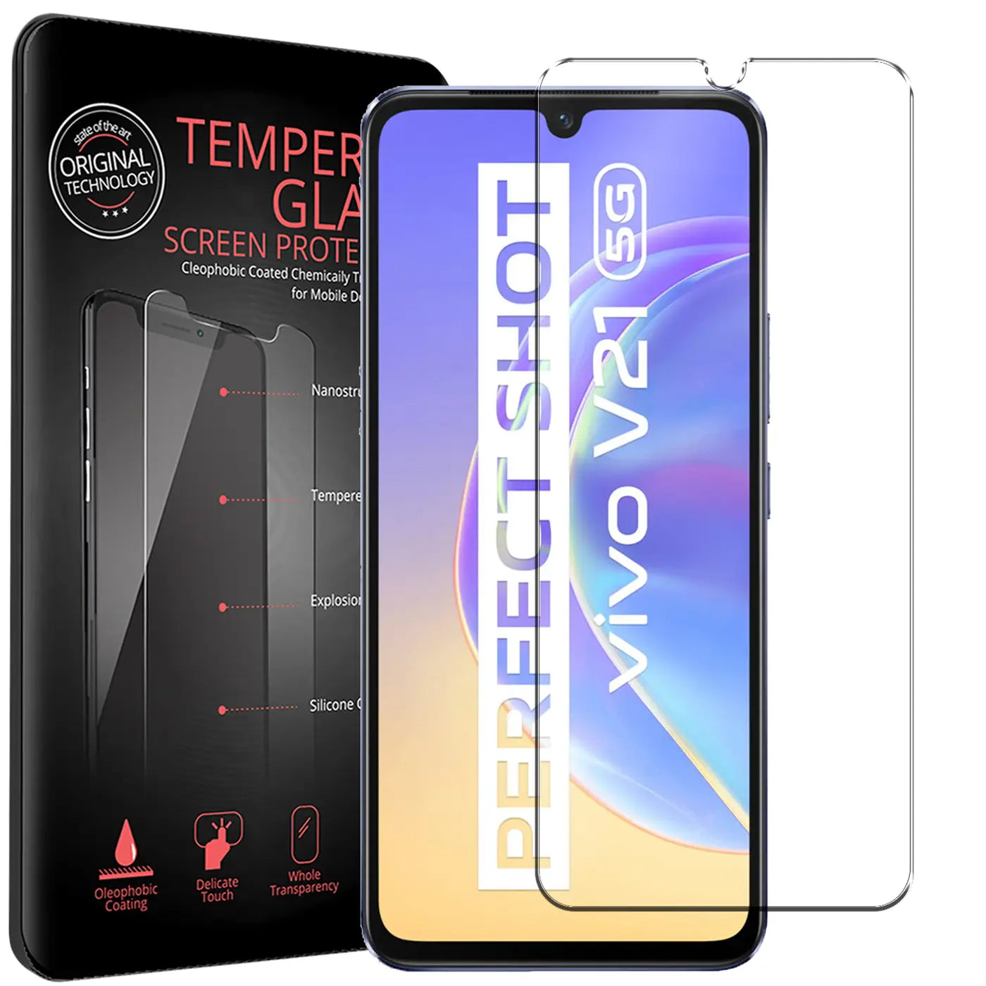 Schwarze Verpackung, Vivo V21 5G Smartphone mit Displayschutz und ein weiteres Panzerglas aus Glas von vorne.