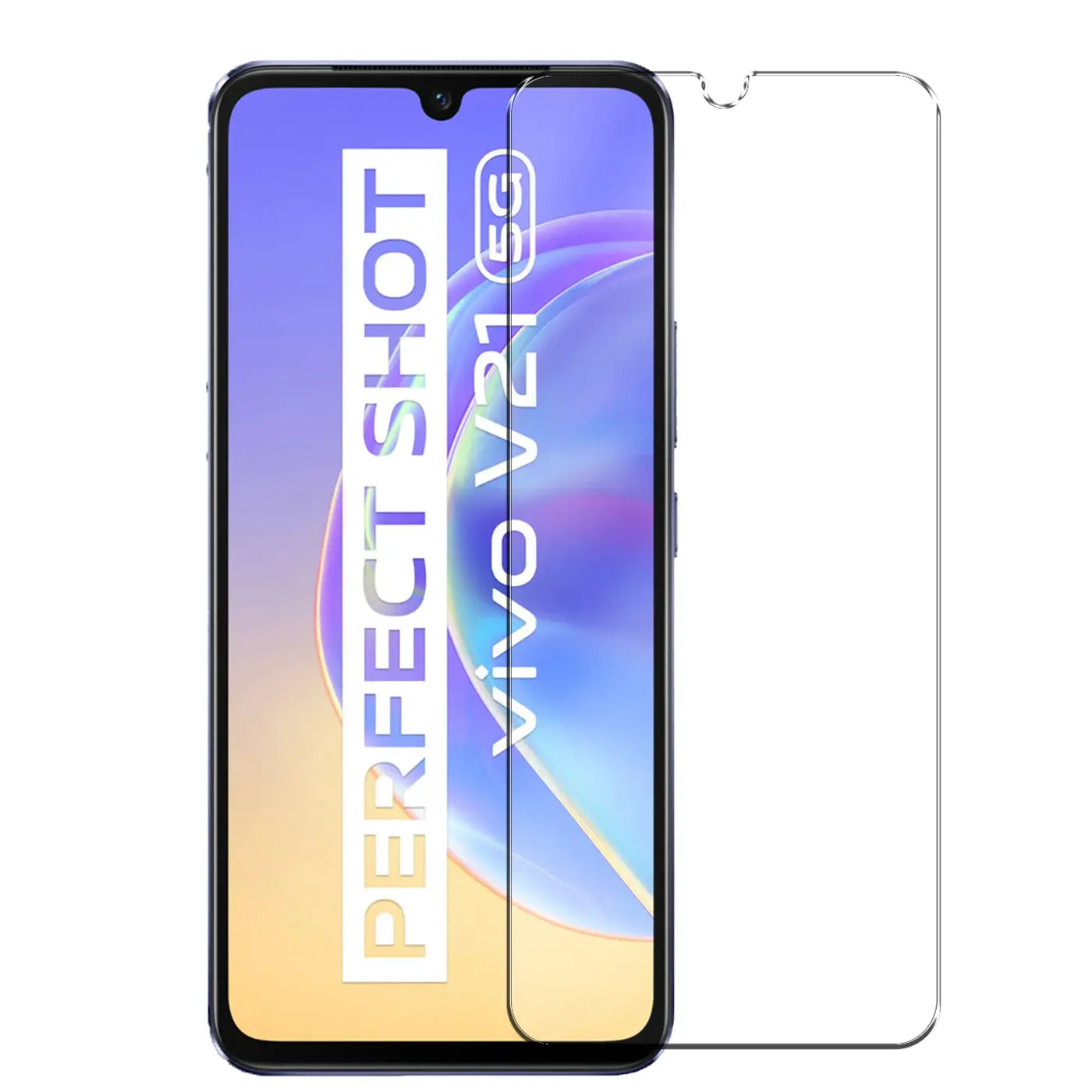 Vivo V21 5G Handy mit aufgesetztem, transparentem Panzerglas-Displayschutz und zweitem, unbenutztem Panzerglas daneben.
