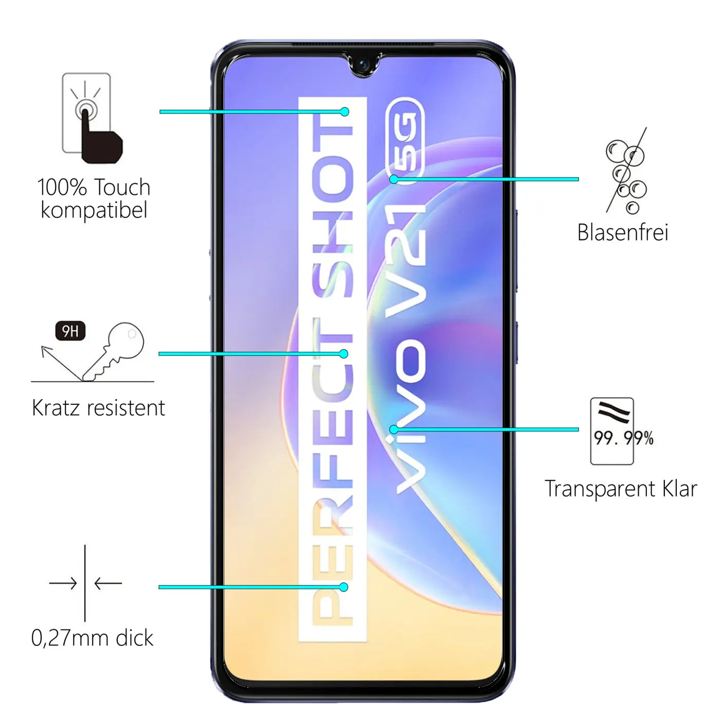 Schwarzes Vivo V21 5G Smartphone frontal mit transparentem Panzerglas, umgeben von blauen Produktmerkmal-Linien.